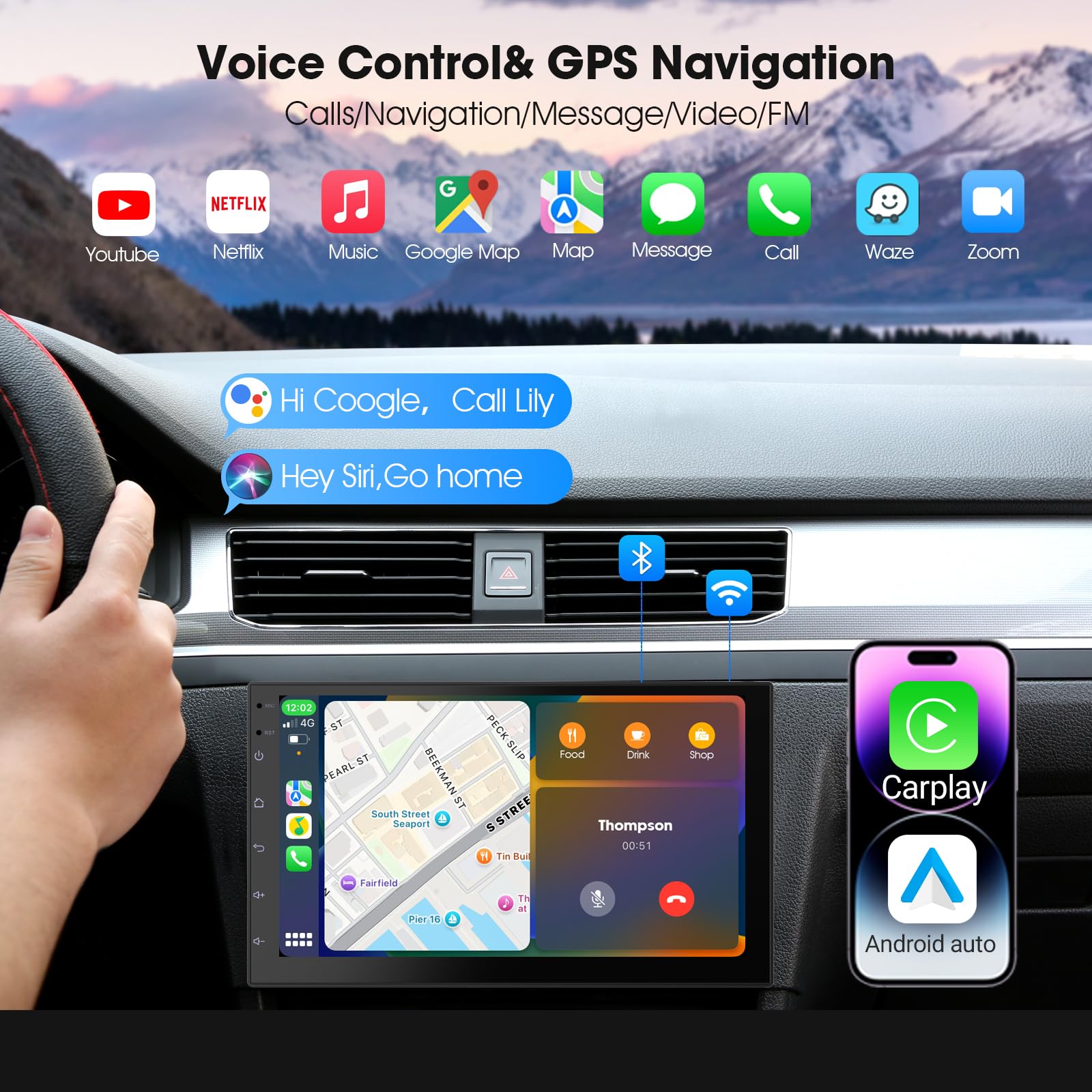 Haudio 7 Zoll 2 Din Radio Android mit Wireless CarPlay & Wireless Android Auto,Auto Radio Touch Display mit Rückfahrkamera,Bluetooth,AUX,AM/FM,Mirror Link,GPS-Navigation|Apple CarPlay Bildschirm