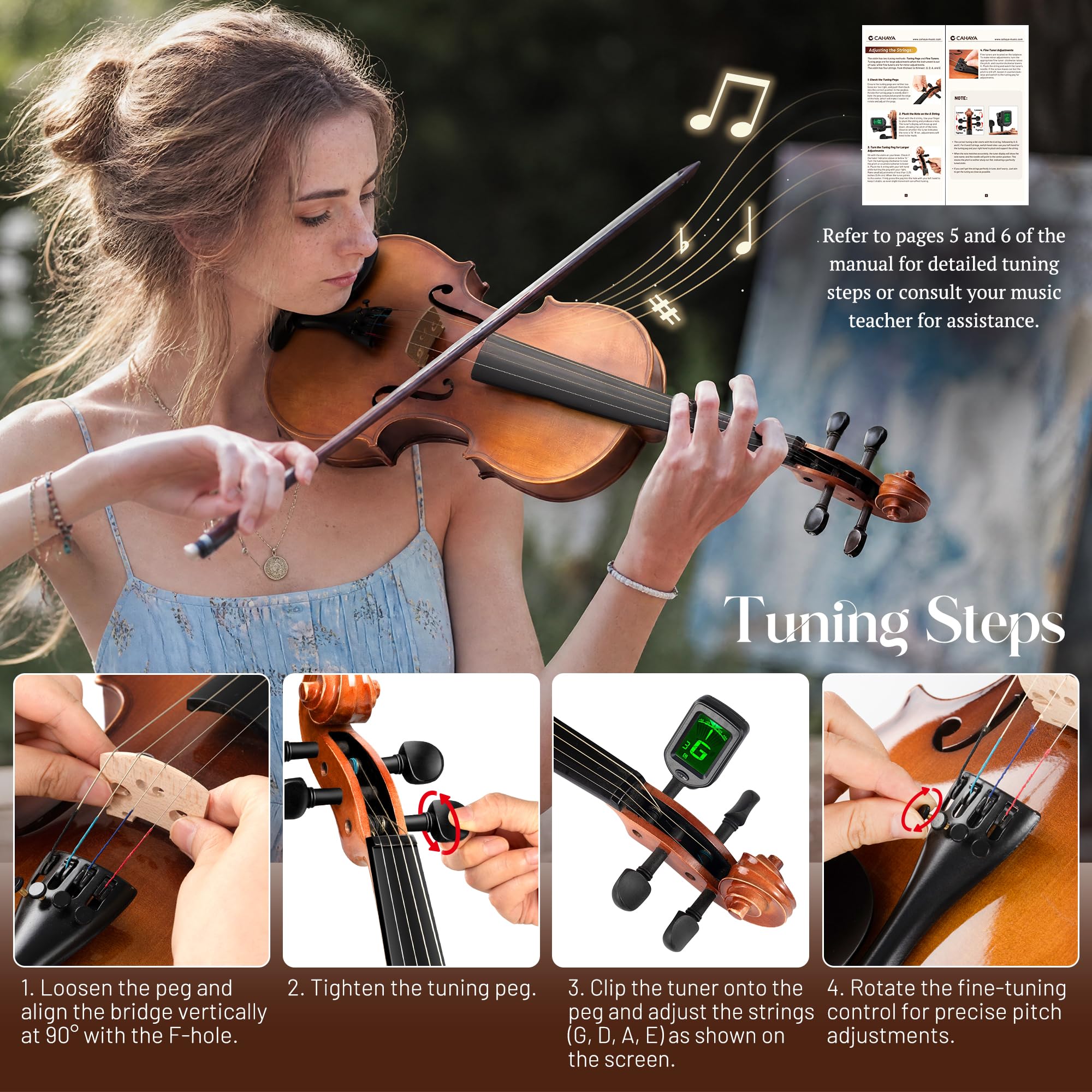 CAHAYA Violín 4/4 de Madera Maciza – Set Completo Hecho a Mano para Principiantes, Estudiantes y Adultos, con Estuche, Arco, Hombrera, Afinador y Resina