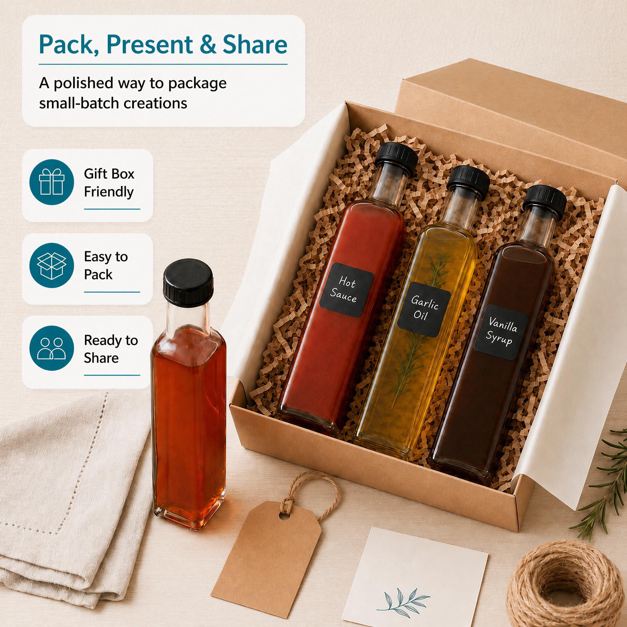 Kingrol Paquete de 18 botellas Quadra de 8.5 onzas con tapas de rosca a prueba de fugas, botellas de salsa picante, botellas cuadradas de vidrio para aceite, vinagre, jarabe, aderezo para ensaladas