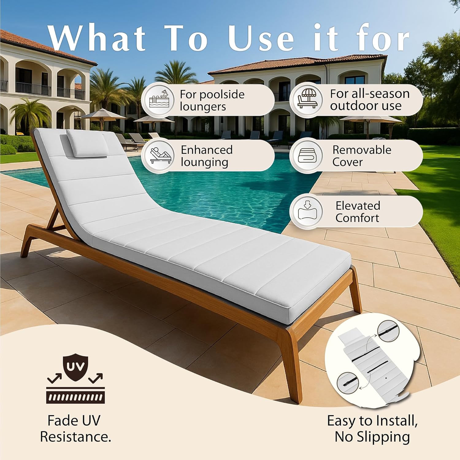 Quilted Chaise Lounge Outdoor Patio Furniture Cushions | Water-Resistant Patio Chair Cushions | Durable, High-Density Foam Outdoor Chair Cushions (Heather Grey, 72"x21")