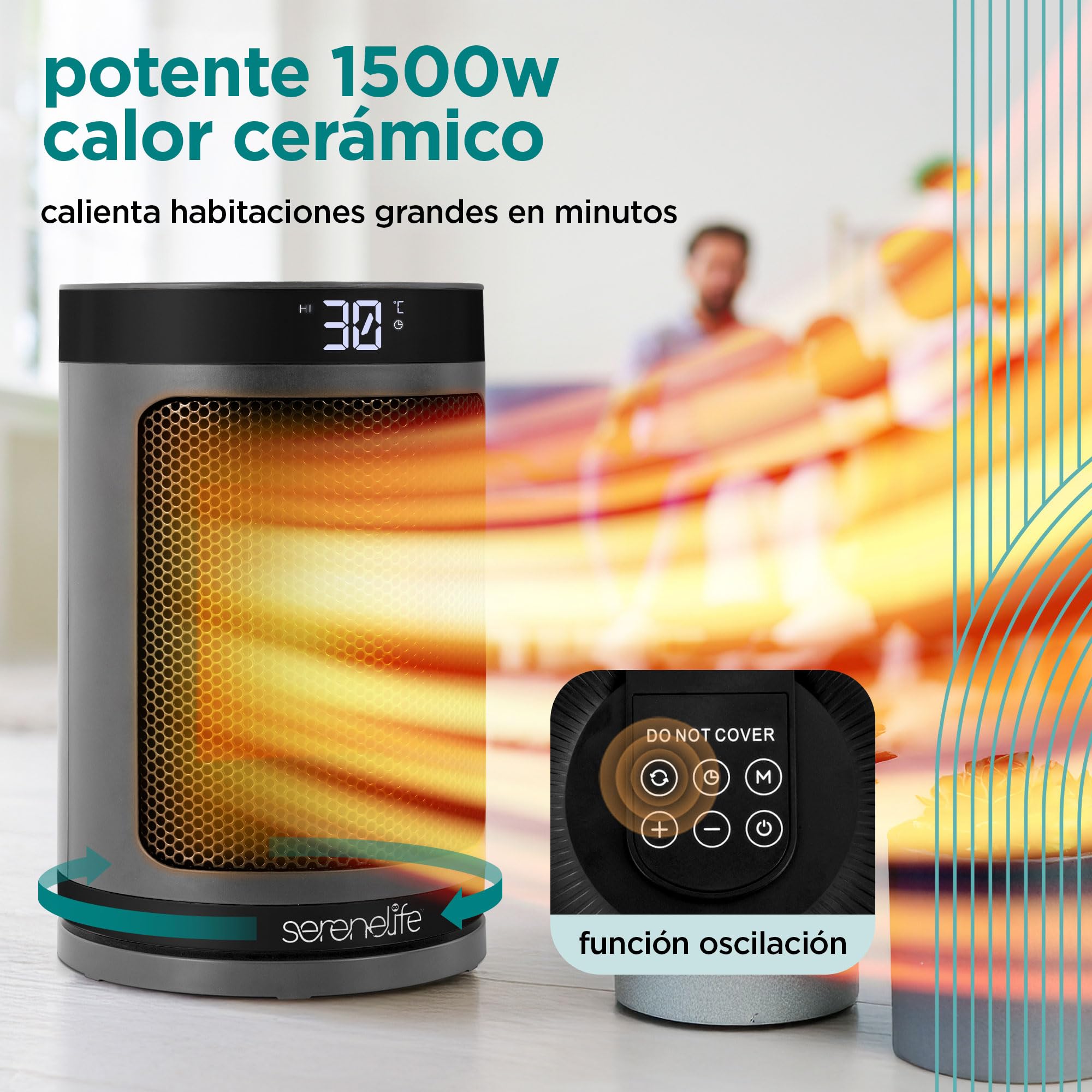 SereneLife Termoventilatore e Stufetta Elettrica da Bagno, 1500 Watt PTC Ceramico Wi-Fi Telecomando Timer 12 h 15 x 15 x 24 cm, Casa e Ufficio, Grigio, Capacità Flusso Aria Elevata, SLSPCHTRW3GY