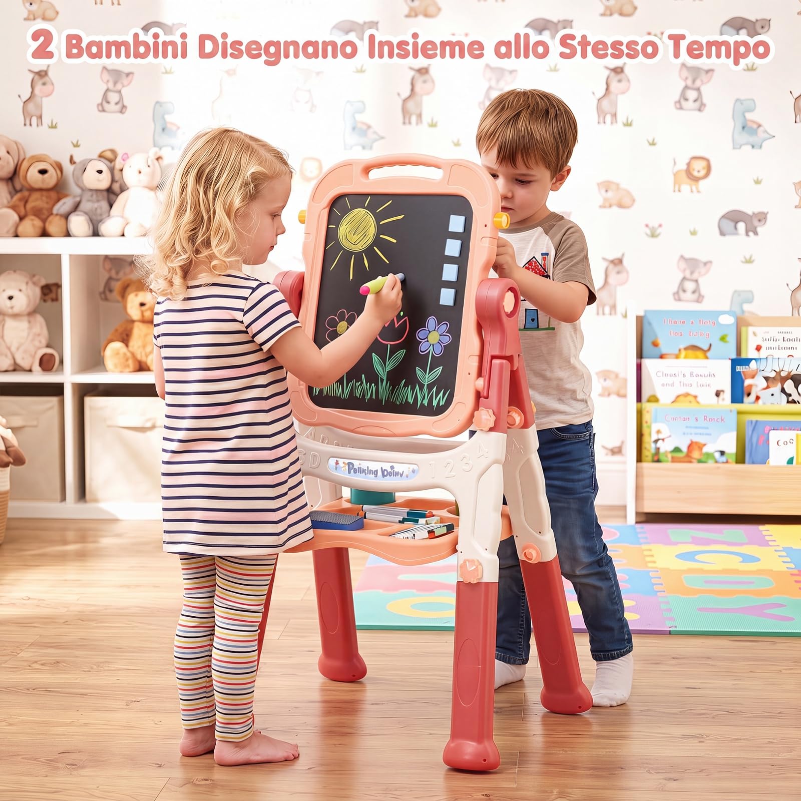 COSTWAY Cavalletto per Bambini, Lavagna Magnetica a Doppia Faccia (Rosa) | 4 in 1 Cavalletto da Disegno Girevole a 360°con Altezza Regolabile, Manico Portatile, 2 Tazze, Gessetti e Pennarelli, 3+ Anni