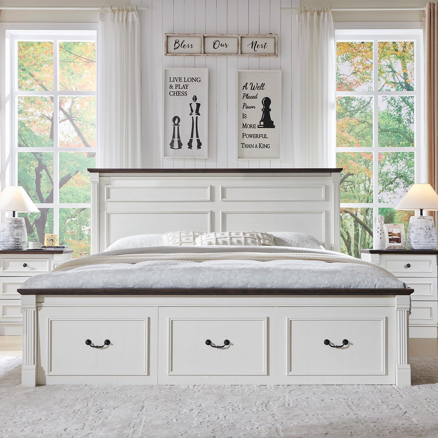 26" Tall Farmhouse Nightstand Set of 2, 3 Drawers End Table w/Charging Station, 23.6" Wide Large Side Table w/Roman Column, Wood Rustic Sofa Table for Bedroom, White - Image 2