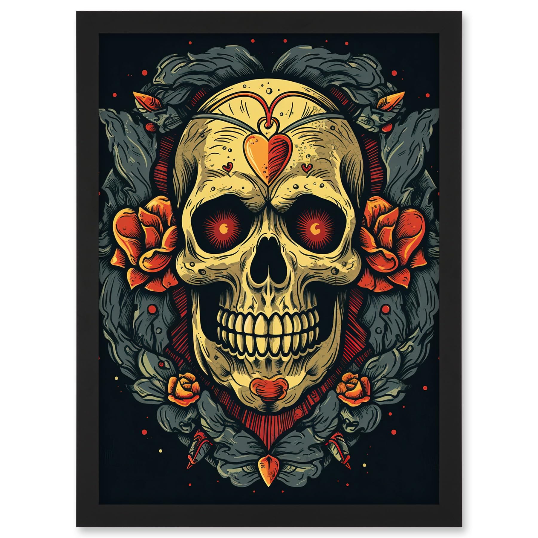 Artery8 Skull Roses and Heart Tattoo Ink Body Art Rockabilly Americana 50s Artwork Framed A3 Wall Art Print