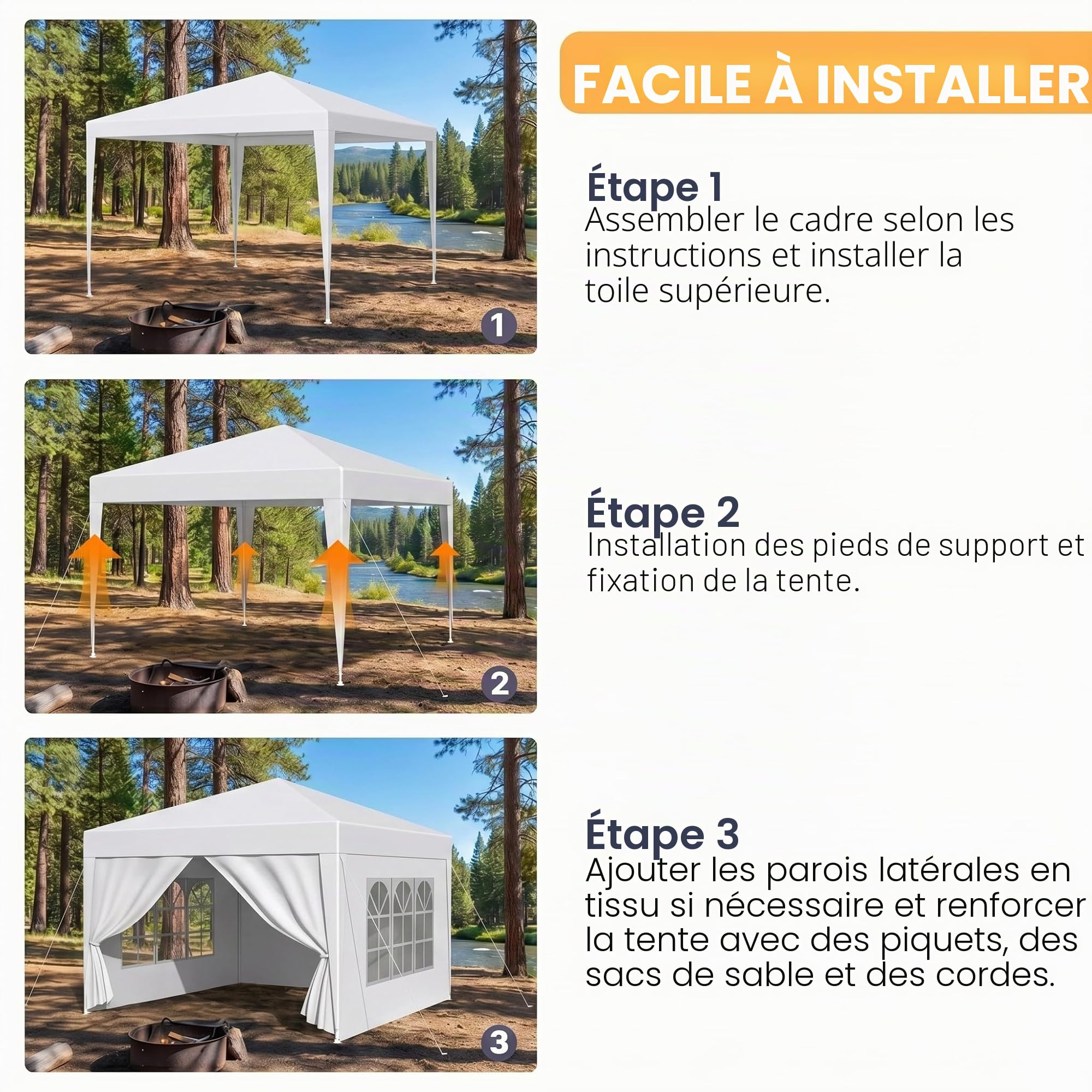 Tonnelle pliable 3 x 3 m, imperméable, stable, résistante à l'hiver, avec panneaux latéraux amovibles, protection UV et coupe-vent, tonnelle de jardin, tente de fête, pour marché, festival, camping
