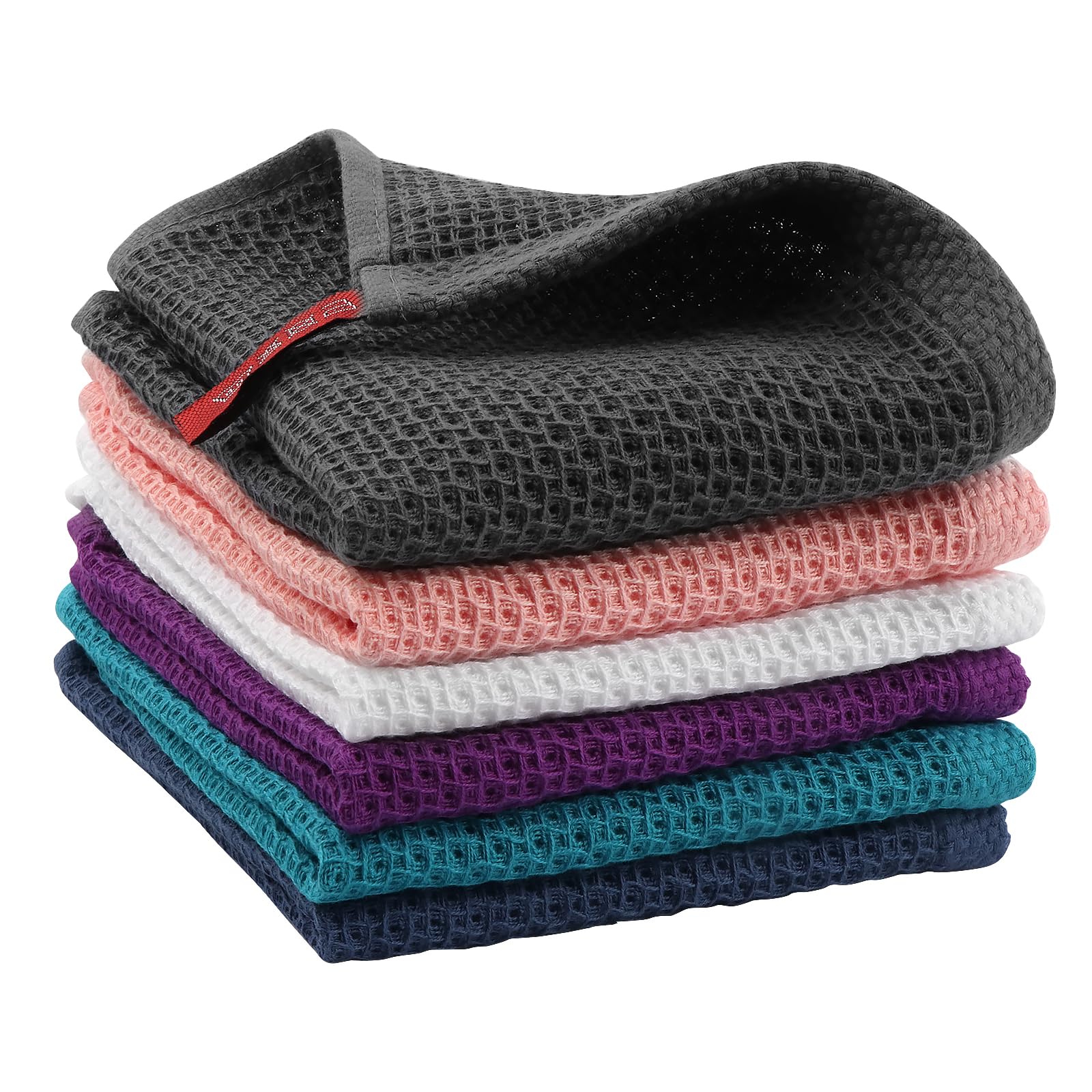 100% Cotton Waffle Weave Kitchen Dish Cloths, 6-Pack 12x12 Inch Dark Grey Ultra Soft Absorbent Quick Drying Dish Towels for Drying Dishes &amp; Cleaning, 6 Colors