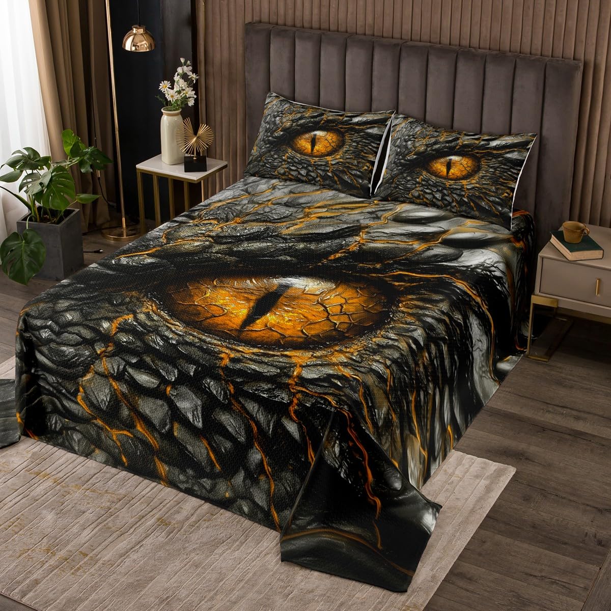Manfei Western Dragon Eye Kids Bedspread King Size,Dragon Scales Skin Geometric Abstract Coverlet Set,Girls Boys Room Decor,Magical Animal Quilted Coverlet,Orange Vintage Bedding Quilt,2 Pillowcases