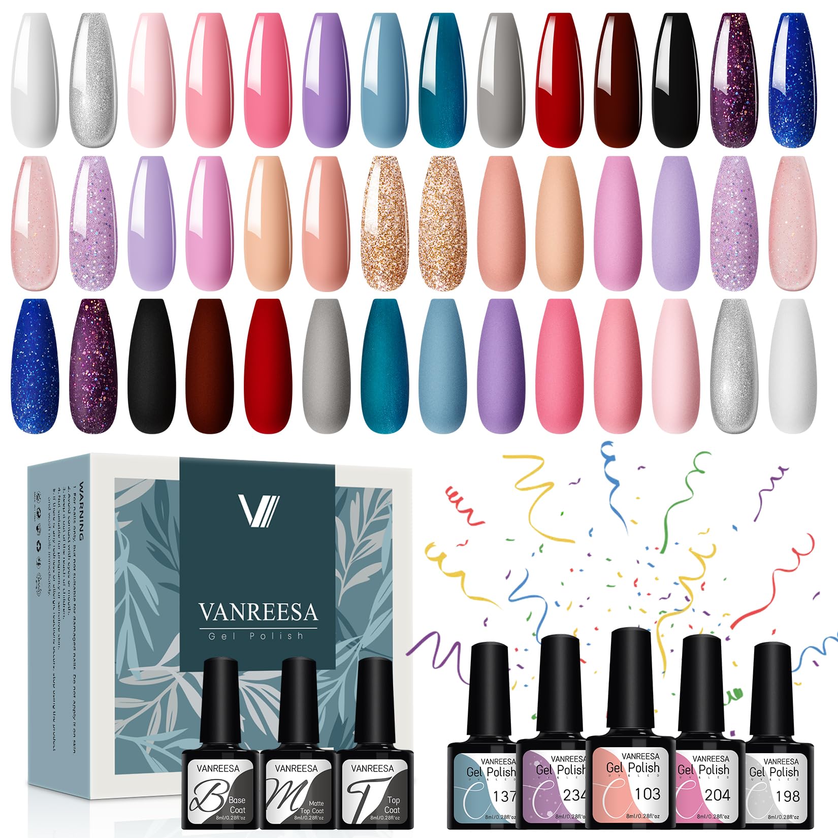 VANREESA24 PCS Gel Nail Polish Set Pink Nude Purple Blue Gel Nail Polish Kit Gel Polish Set Nail Varnish Set Soak Off U V Gel Nail Polish Set with Base Top Coat Gifts for Women