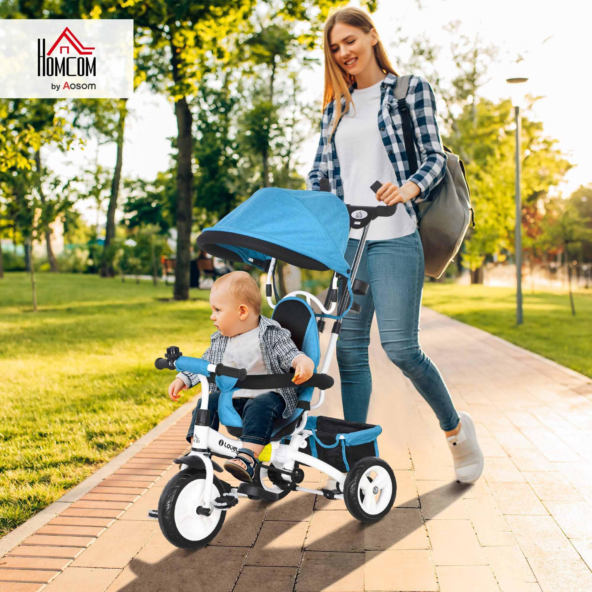 HOMCOM Triciclo per Bambini con Maniglione 6 in 1, Passeggino per Bambini con Tettuccio Regolabile, Cintura di Sicurezza e Cestino, Età 1-5 Anni, Blu