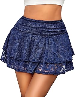 Women's Pleated Mini Skirt Lace High Waisted Ruffles Lingerie Short Skirts