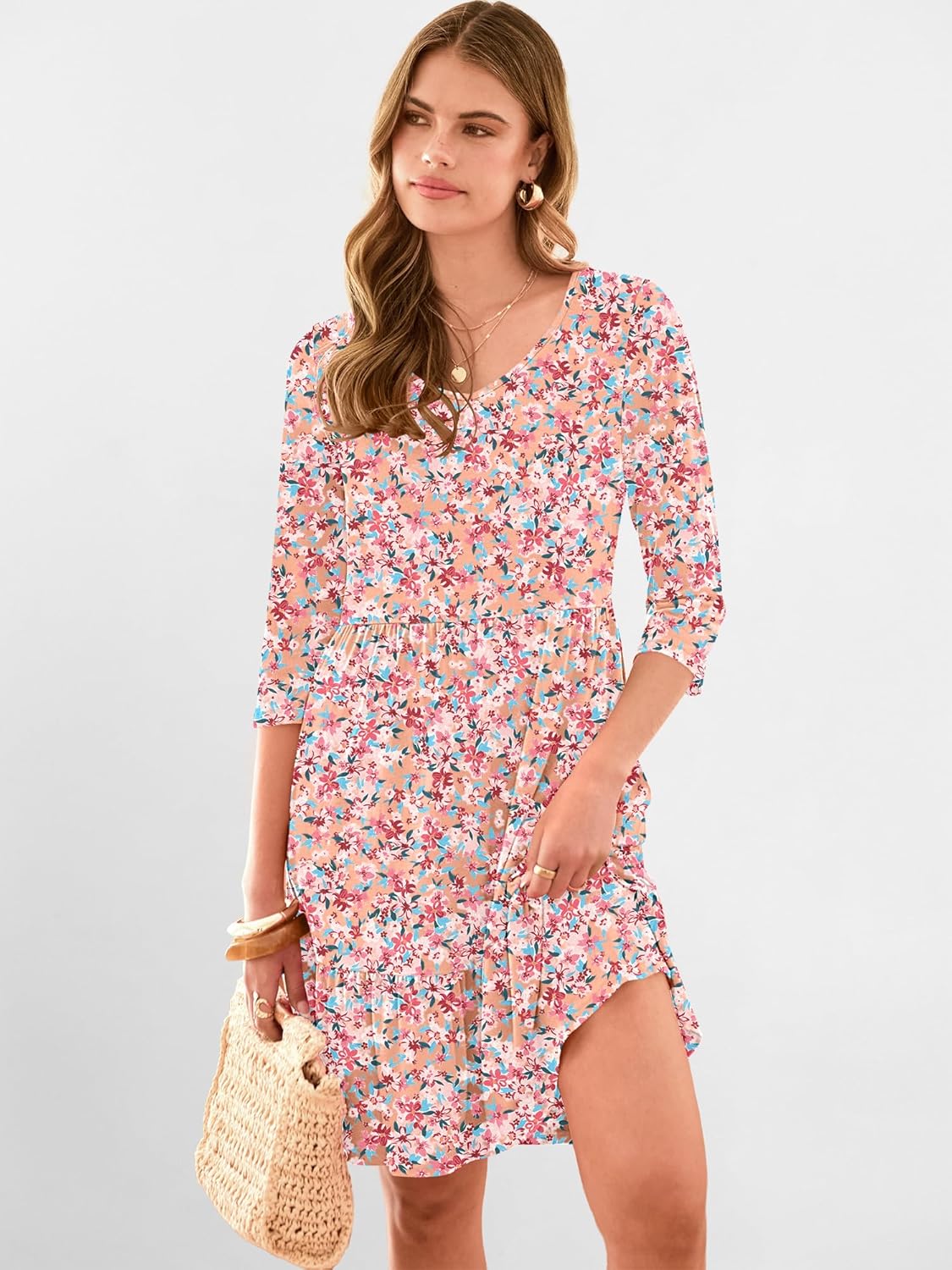 ANRABESS Women's 3/4 Sleeve Mini Dresses Summer Casual V Neck Flowy Tiered Floral Boho A-line 2026 Beach Vacation Short Dress - Image 4