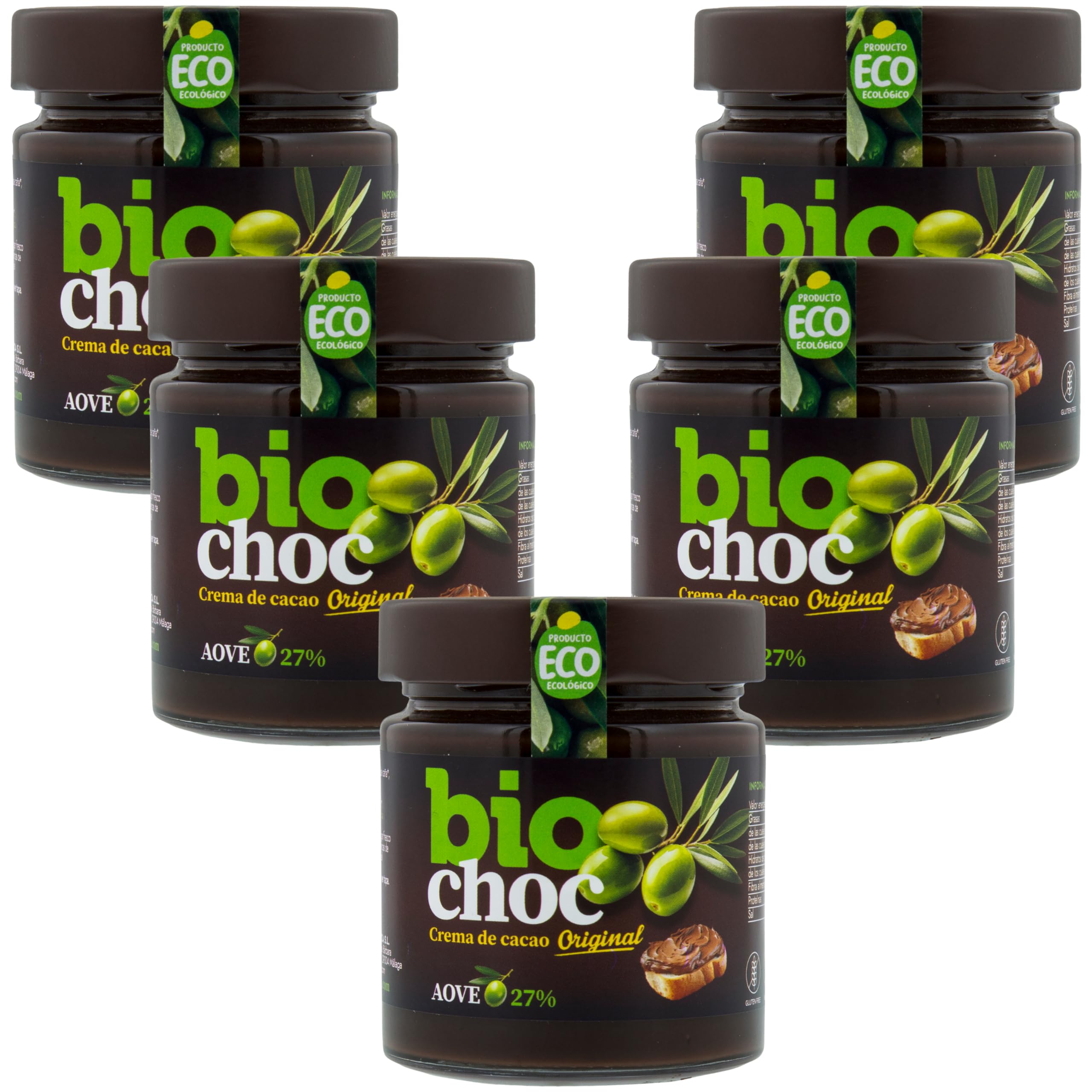 Biochoc - Pack 5 Biochoc Original - Crema de cacao para untar con Aceite de Oliva Virgen Extra Ecológico - Vegana - Sin Gluten - Sin Leche - Sin Grasa de Palma