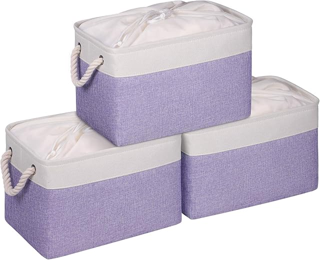 KEEGH Large Fabric Storage Boxes, 3 Pcs Fabric Basket Storage with Rope Handles, Storage Fabric Basket for Clothes, toys, badroom, wardrobe