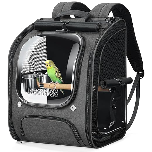Pecute Bird Backpack Carrier for Small Birds,Cockatiel,Parrot,Bird Carrier with Standing Perch,Comfy Mat&Transparent Window, Breathable Bird Backpack for Vet Visit,Shopping and Outdoor Adventure,Grey