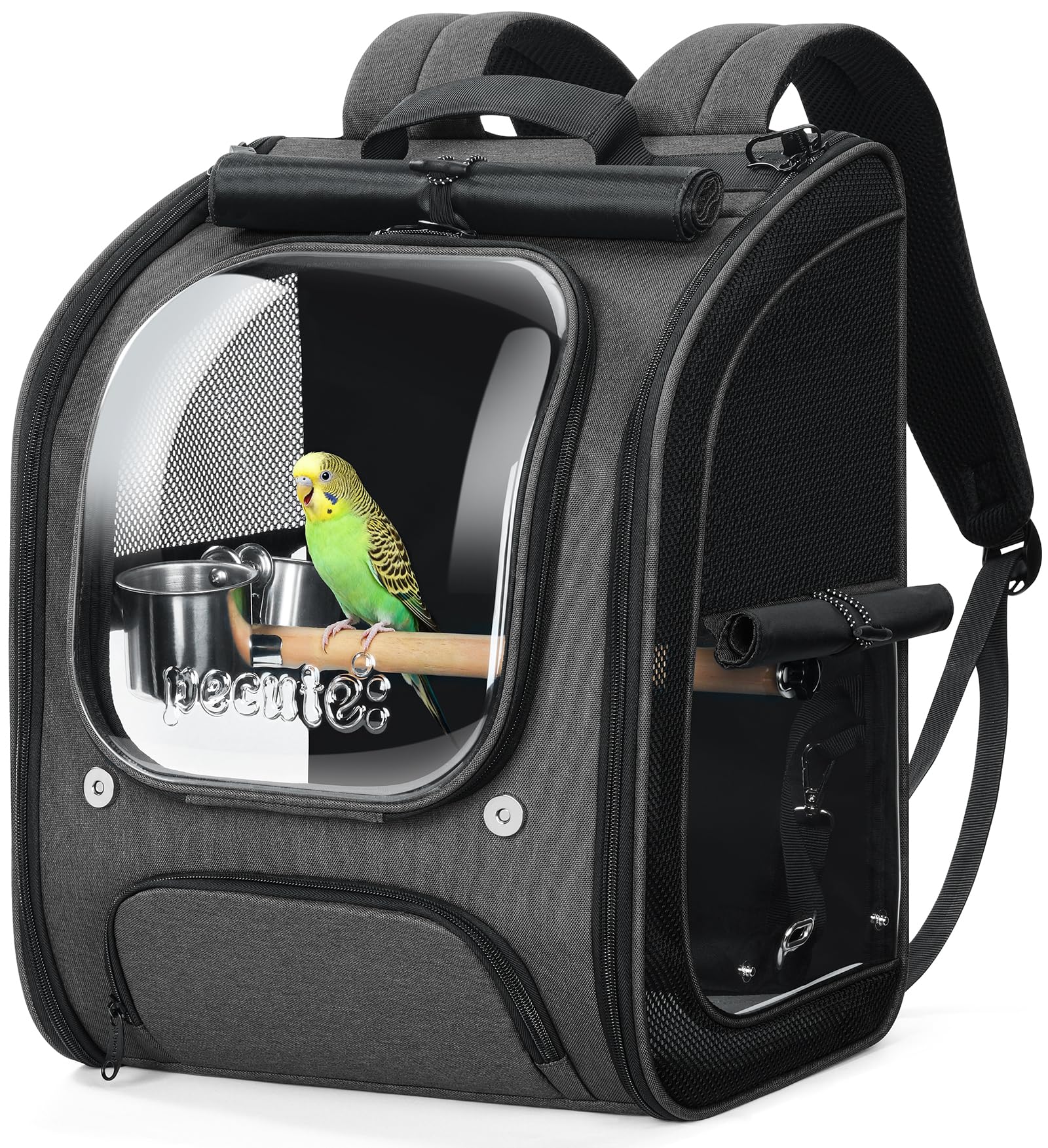 Pecute Bird Backpack Carrier for Small Birds, Cockatiel, Parrot, Bird Carrier with Standing Perch and Comfy Mat, Breathable & Portable Bird Backpack for Vet Visit, Shopping and Outdoor Adventure,Grey