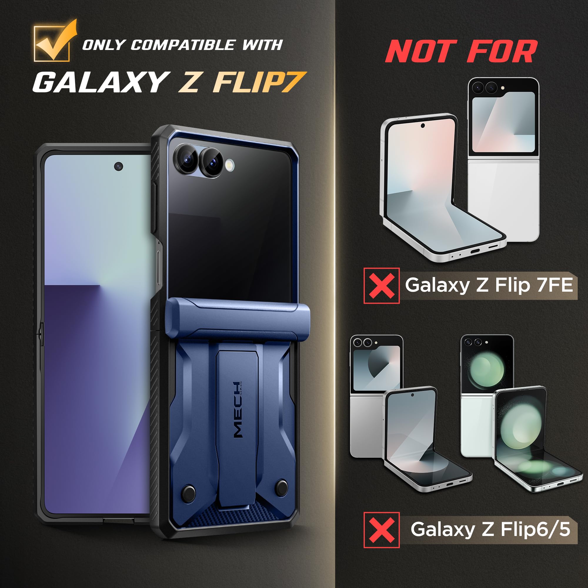 TONGATE Custodia per Z Flip 7 con pellicola protettiva per lo schermo della privacy, supporto e clip per cintura, protezione per cerniera, antiscivolo, custodia protettiva integrale di grado militare