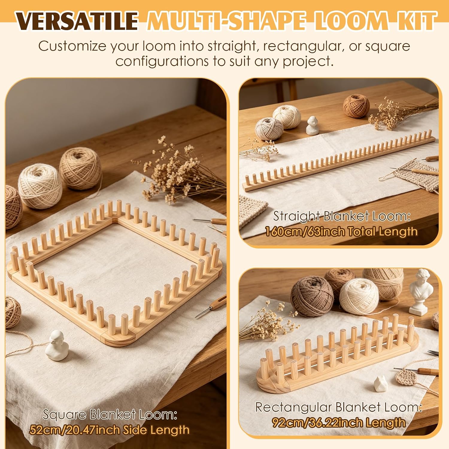 64 Inch Chunky Yarn Blanket Loom Kit Adjustable Chunky Blanket Knitting Loom with Wooden Pegs Expandable Blanket Loom for Chunky Yarn Throws for Thick Yarn Projects DIY Beginners Craft Gift