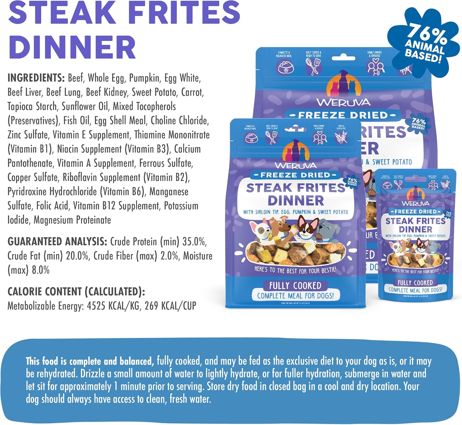 Weruva Dog Freeze Dried, Steak Frites Dinner with Sirloin Tip, Egg, Pumpkin & Sweet Potato, 13oz Bag