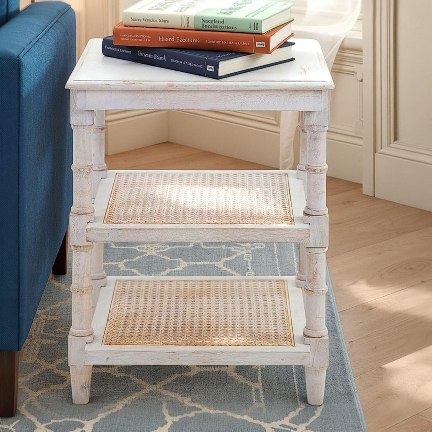 Carolina Chair & Table Chesterfield Mango Wood Side Table – Square Natural Rattan 3 Shelf Storage - Handcrafted Living Room Furniture, Functional Table with Full Assembly Required(Whitewash)