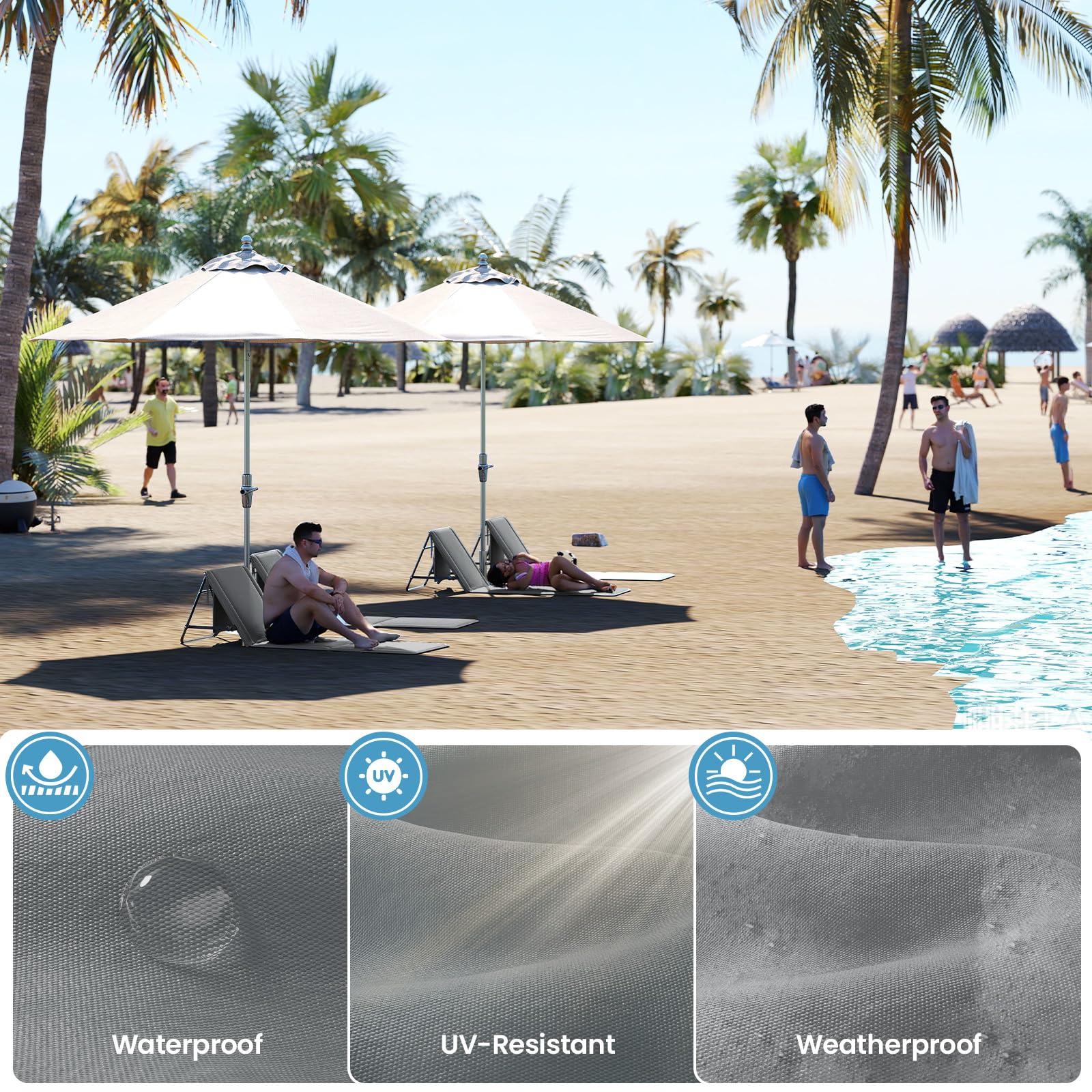 UDPATIO Set di 2 Tappetino da Spiaggia Pieghevole con Schienale Regolabile, Lettino da Spiaggia Reclinabile Leggero con Tasca, Sdraio da Campeggio Portatile per Giardino e Terrazza – Grigio