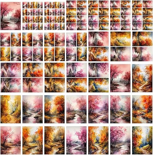 Miniatura 4 de Decoupage - Paquete de papel (35 hojas de 6 x 8 pulgadas), hermoso paisaje rosa y naranja tranquilo de arroyos leñosos FLONZ Vintage Ilustración
