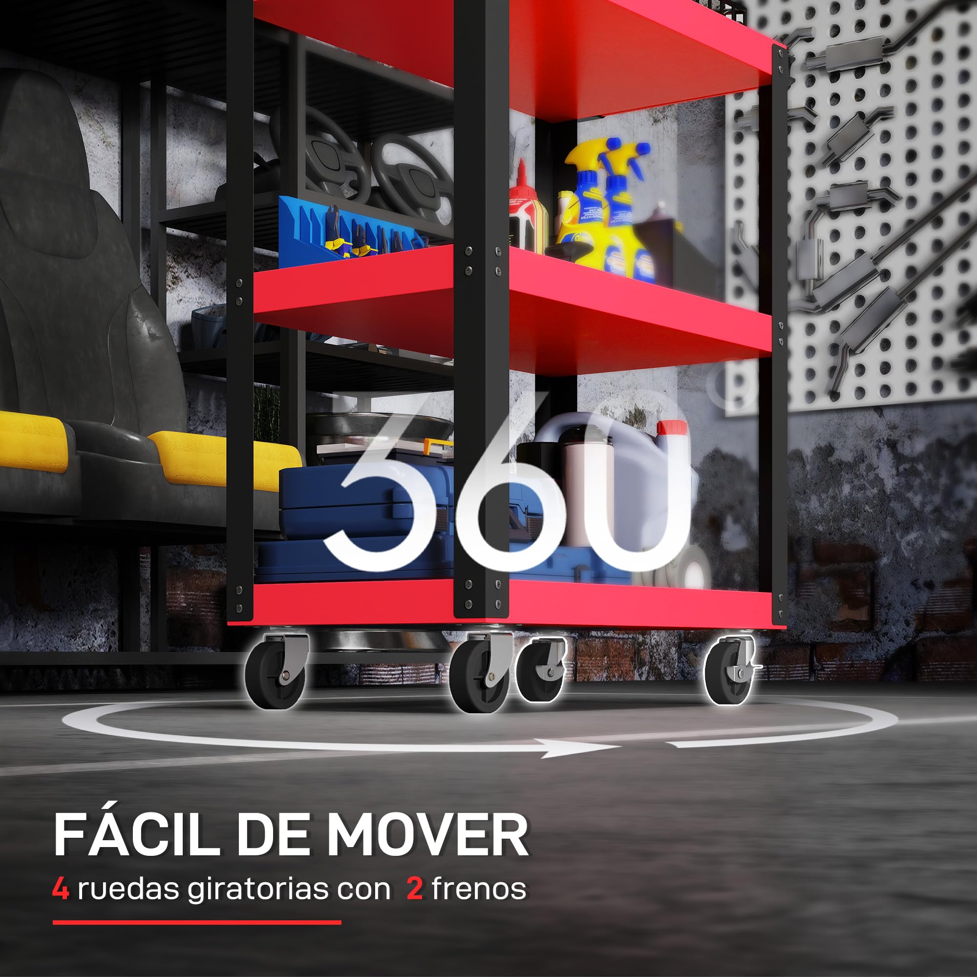 HOMCOM Carro de Taller, Carro de Herramientas con 3 Estantes, Ruedas con Frenos y Asa Lateral, para Garaje Mecánico, Hogar, Carga 120 kg, Rojo