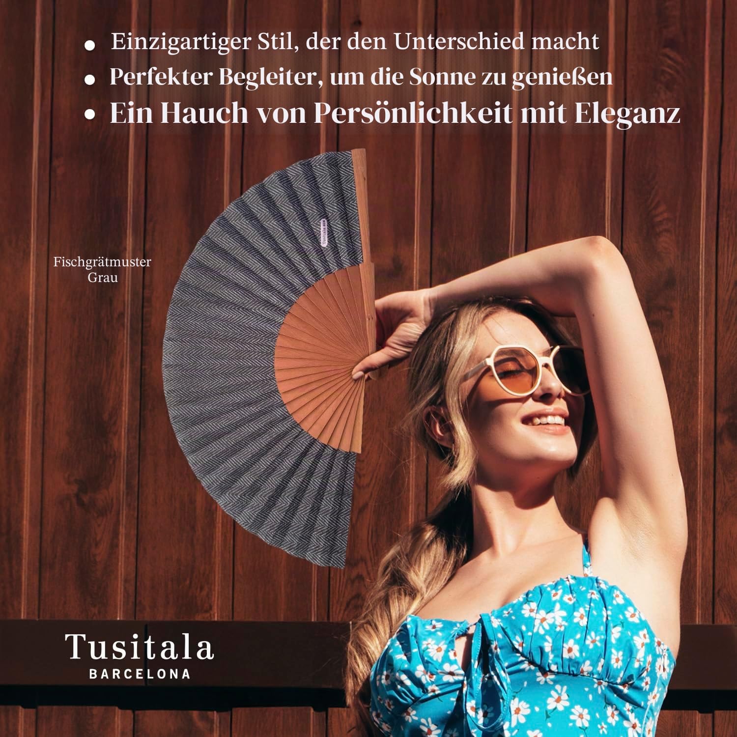Spanischer Handfächer Sauvage–Holz und Baumwolle–23 cm–Etui und Hülle aus Jute–Modeaccessoire–Handgefertigt in Spanien–Events und Geschenke–Unsere Klassiker-Kollektion–Tusitala Barcelona