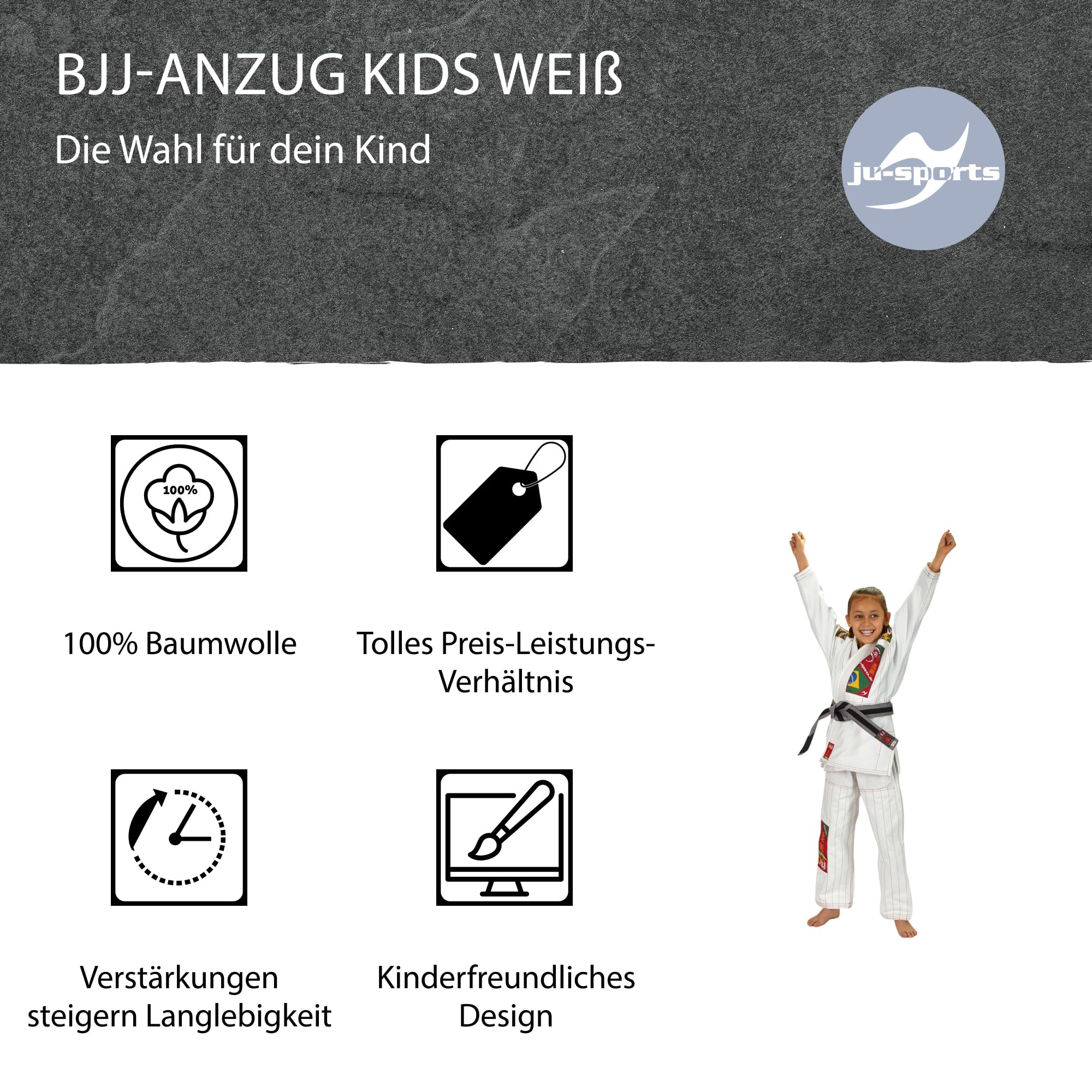 Ju-Sports BJJ Gi Kids Weiß I Leichter, schlanker Brazilian Jiu Jitsu Anzug speziell für Kinder, BJJ Gi im bunten Design inkl. weißem Gurt, 100% Baumwolle