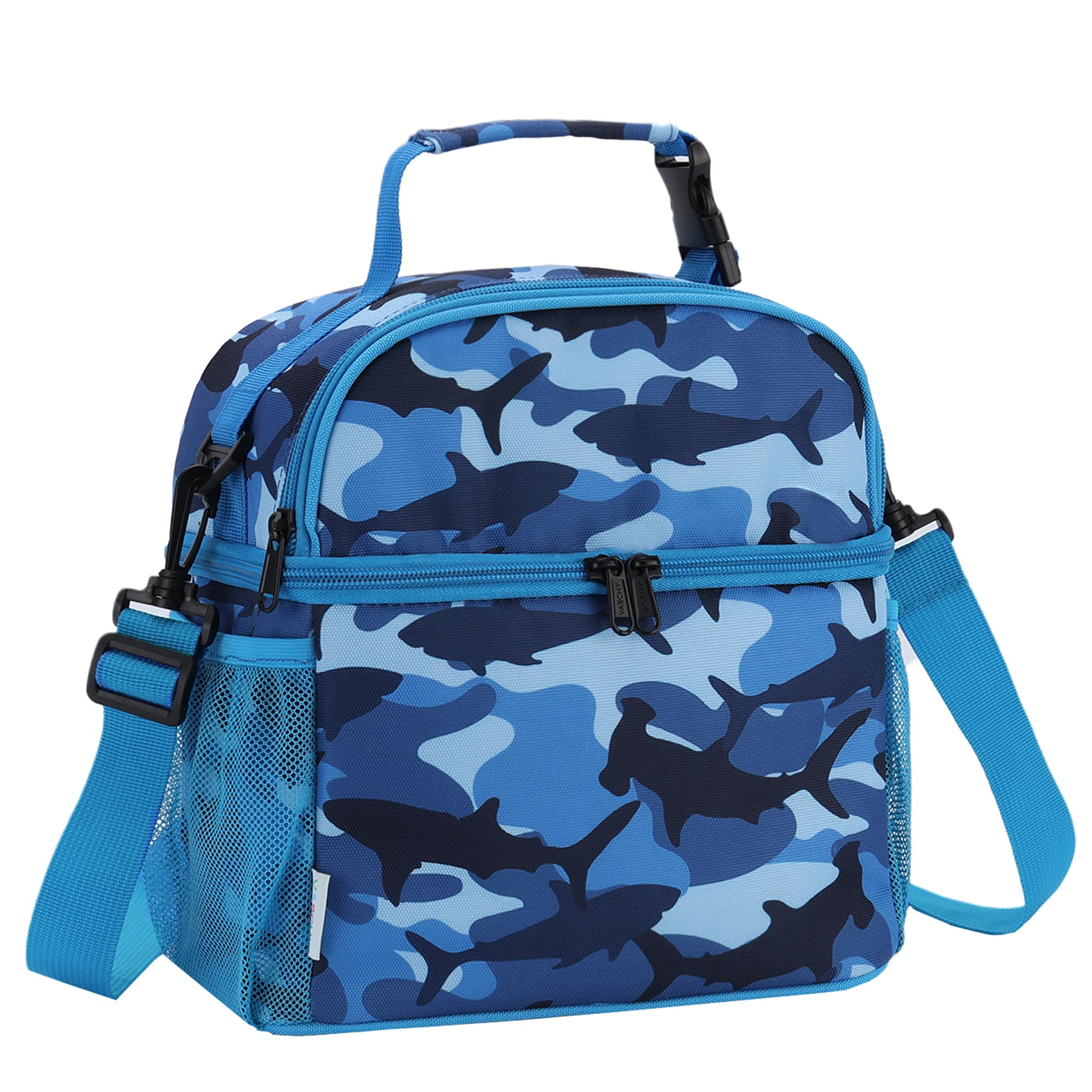 VASCHY Bolsa Almuerzo para Niños Niñas, Bolsa Térmica Porta Alimentos Nevera Portatil con Doble Compartimento Bolsa Merienda Infantiles para Escuela Guardería Picnic, Tiburones