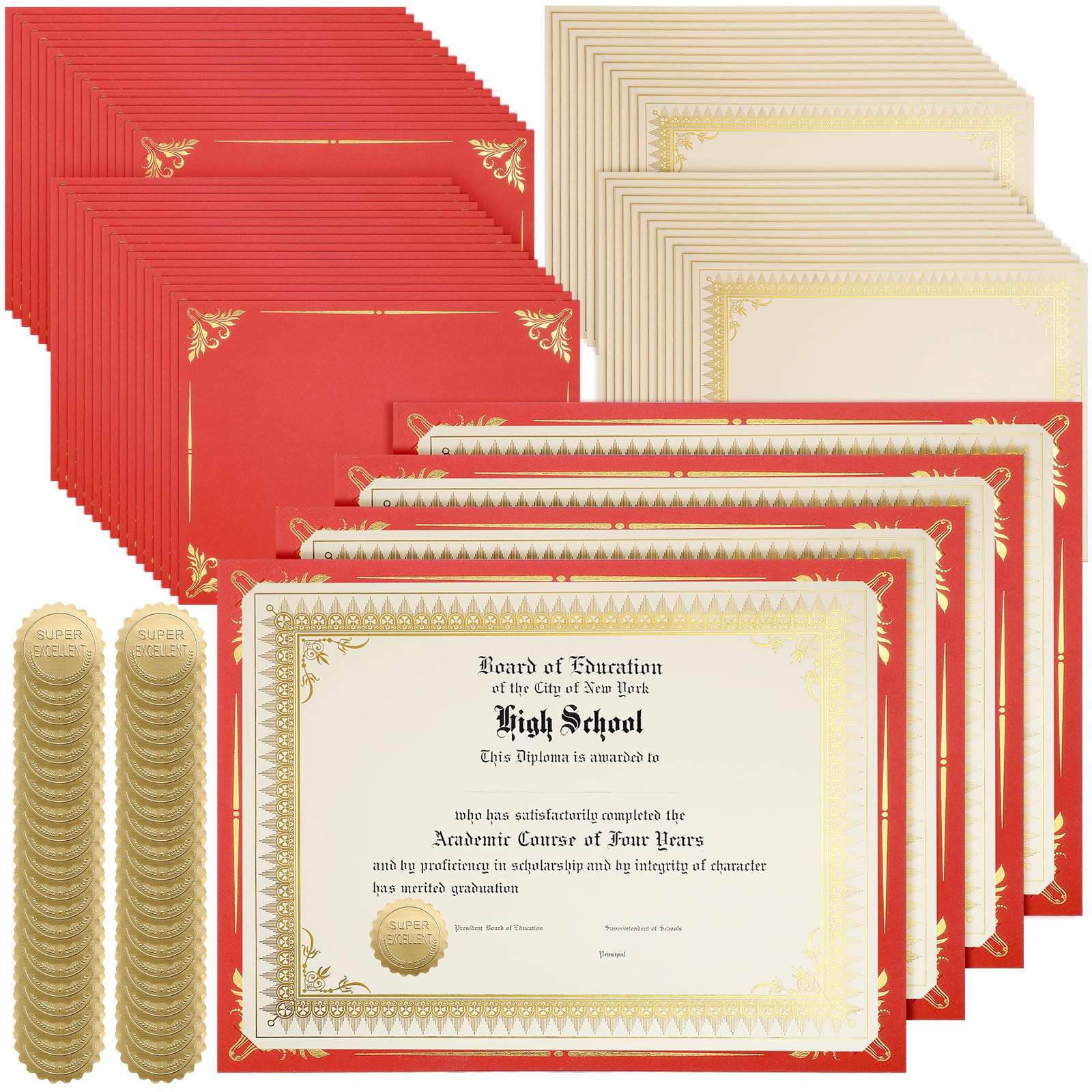 Fainne 100 Sets Certificate Paper Kit Single Sided Awards Holder with Foil Border for 8.5 X11 Certificate Covers Foil Award Seals Stickers Diploma