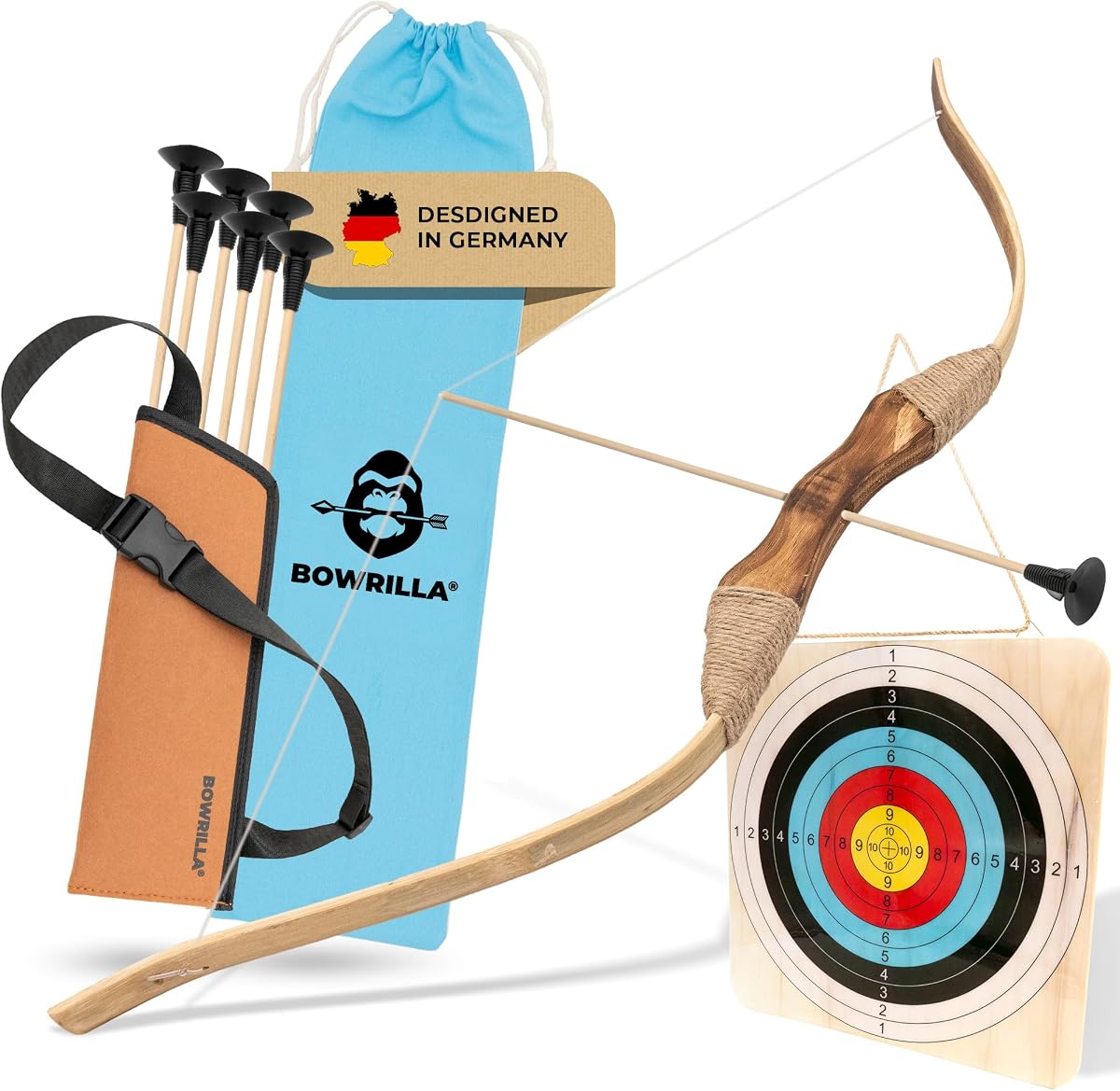 BOWRILLA® Juego de arco y flecha para niños: arco y flecha para niños de 4 a 8 años, juego de tiro con arco de juguete con 6 flechas con ventosa, diana de madera y carcaj