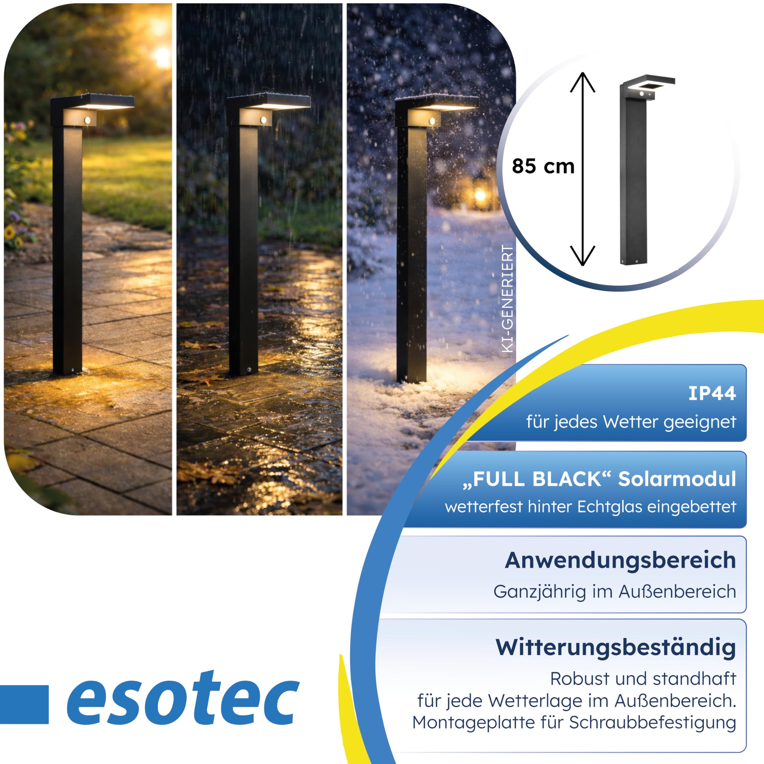 esotec Solar Wegeleuchte mit Bewegungsmelder Stella, H=80cm, Aluminium Außenleuchte, warmweiß 3000K, wechselbarer LiFePO4 Akku 102936