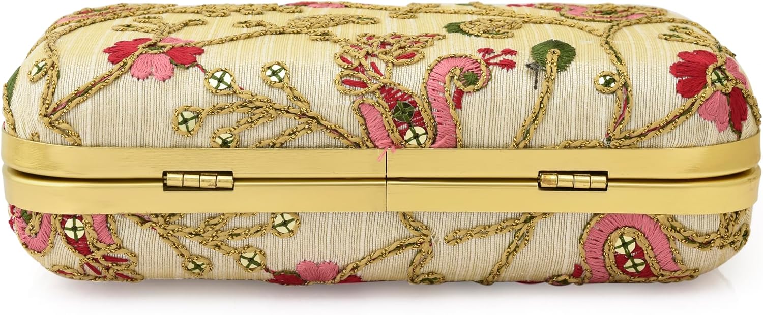 Women’s Embroidered Evening Clutch Purse Ethnic Floral Hard Case Party Bag with Chain Strap Wedding & Festival Handbag
