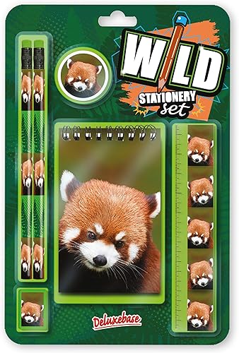 Wild Stationery Juego - Panda rojo de Deluxebase Estos divertidos juegos de papelería escolares para niñas y niños incluyen 2 lápices, borrador,