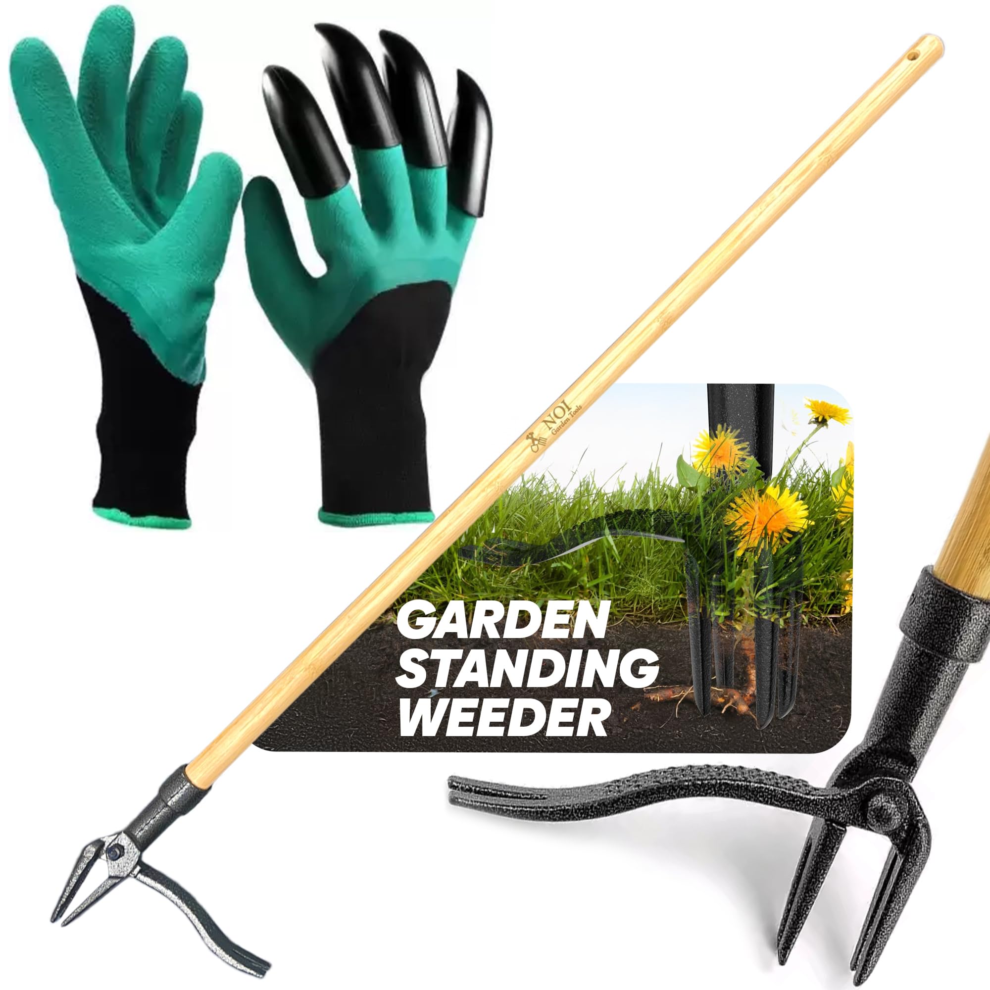 NOI Garden Tools Weed Puller Tool Stand Up with Claw Gloves, Heavy Duty Long Handled Weeder with Ergonomic Design, Weed Re...