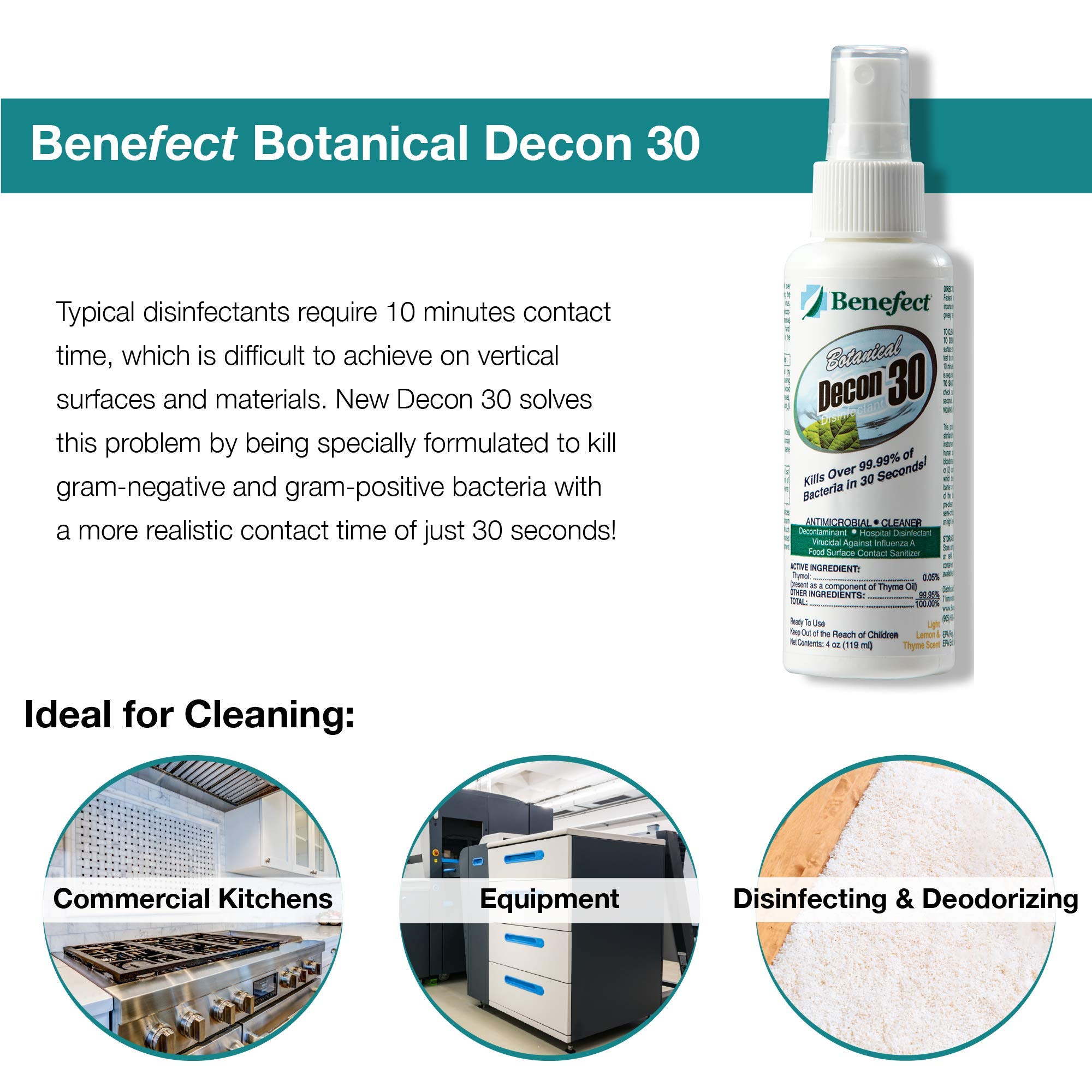 Benefect Botanical Decon 30 Disinfectant Cleaner, 4 oz. Spray Bottle, Light Lemon & Thyme Scent, Hospital Grade Disinfectant, Kills Over 99.99% of Germs, Safe for Food-Contact Surfaces (Pack of 4)