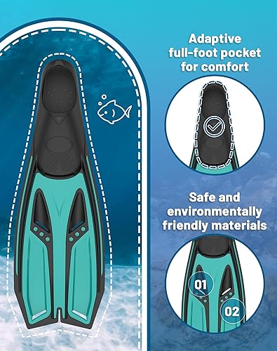 Miniatura 6 de Greatever Aletas de esnórquel con bolsillo completo para el pie, aletas largas y duraderas para buceo, equipo de esnórquel profesional para