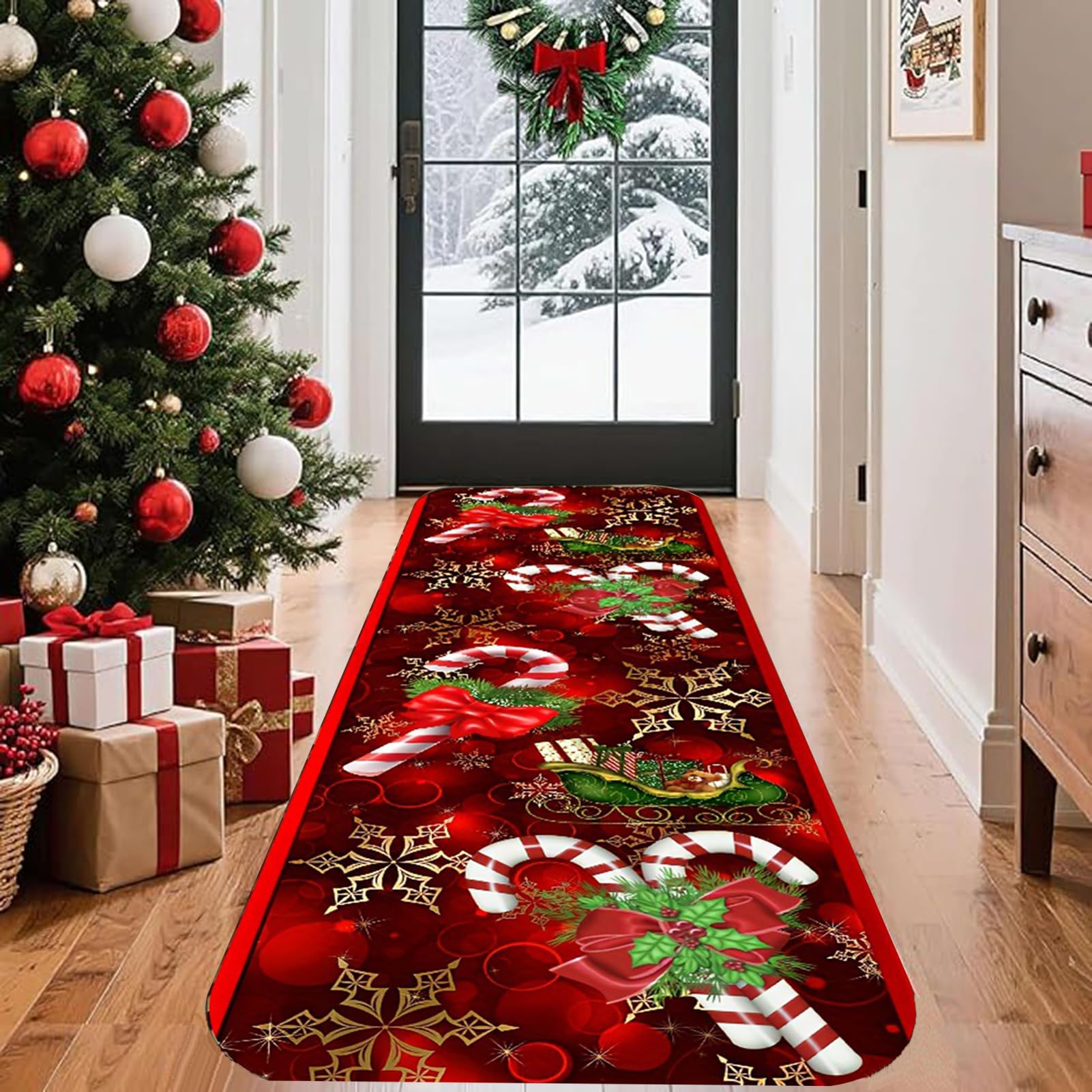 Tappeti Corridoio Natalizi, Tappeti Lavabili per Cucina E Ingresso, A Pelo Basso, Morbidi, Rossi, Antiscivolo, per Decorazione della Casa,40x300cm/16x118 in
