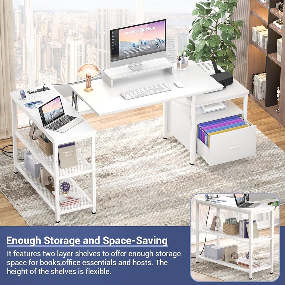 Aheaplus L Shaped Desk with Power Outlet, Standing Home Office Desk