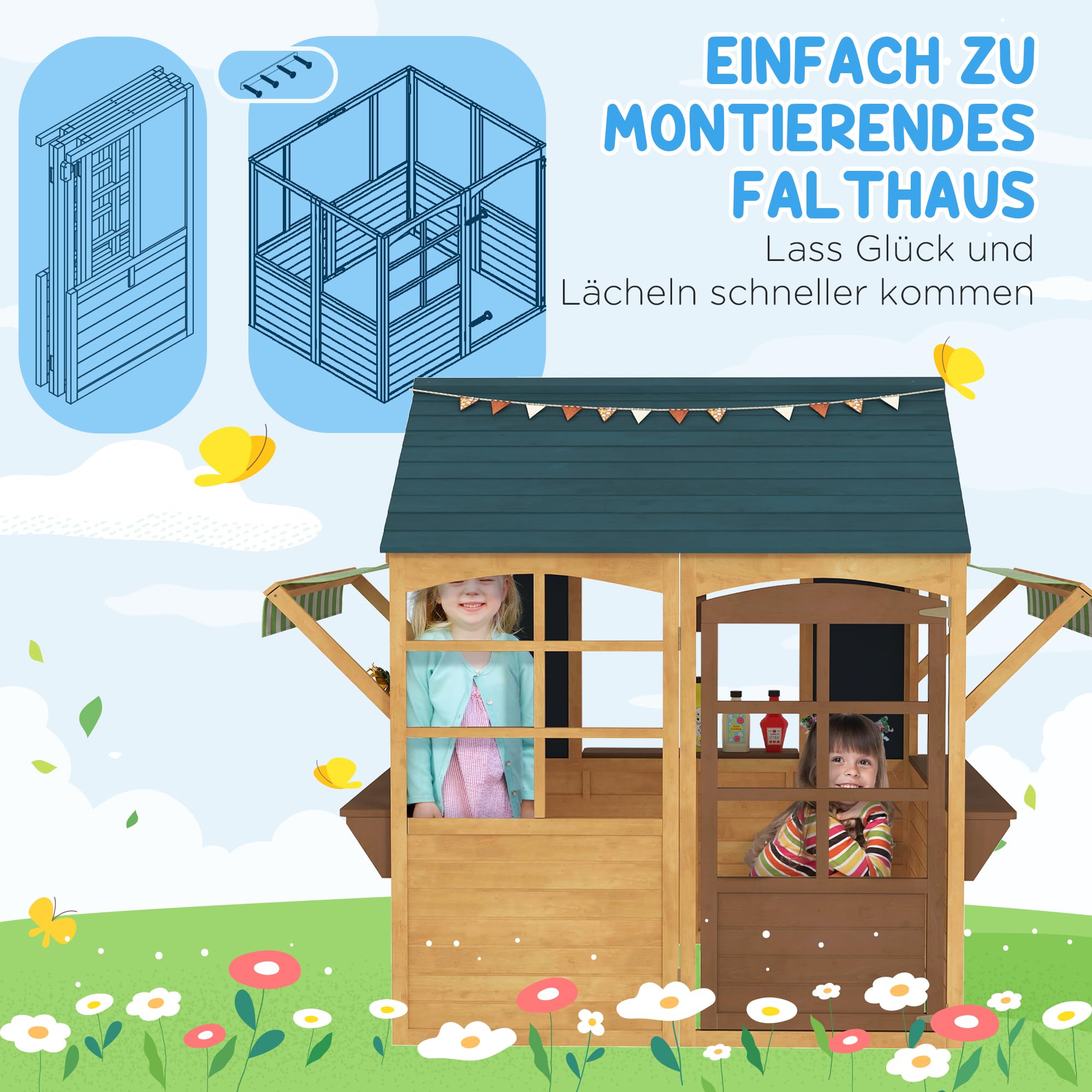 AIYAPLAY Spielhaus aus Holz Faltbar Kinderspielhaus Outdoor mit Fenstern und Tür für Kinder 3-8 Jahre