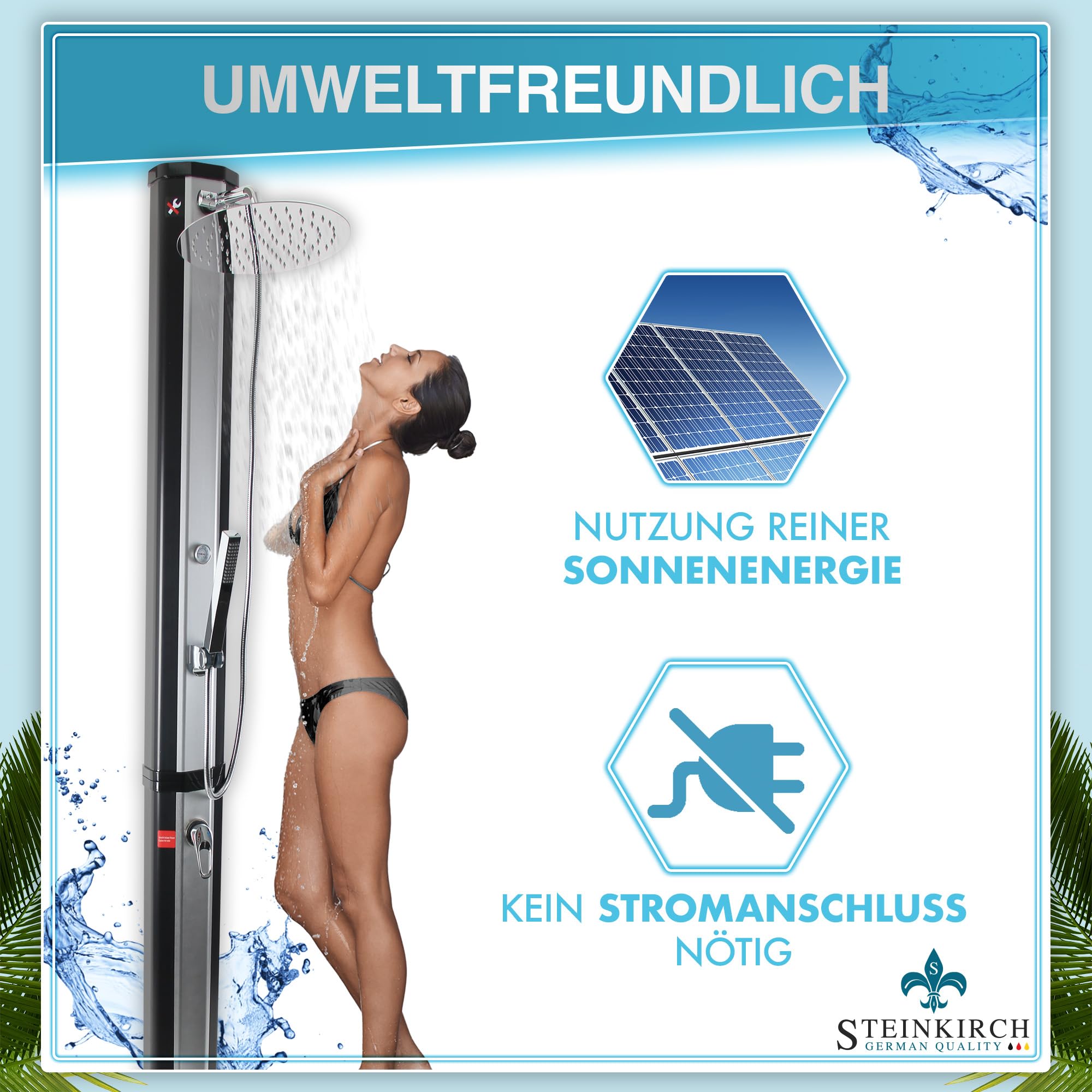 Solardusche Gartendusche Aussendusche Edelstahl Campingdusche 40l Outdoor Dusche Warmwasser Gartensolardusche Winterfest Handbrause Wasserhahn Thermometer XL Regenduschkopf 30 cm