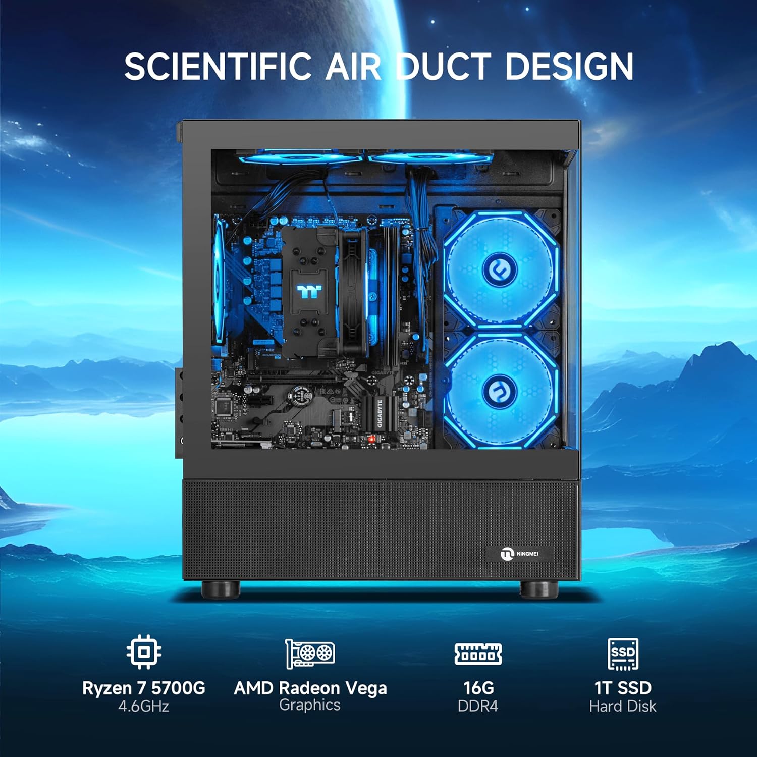 NINGMEI PC with key specifications highlighted: Ryzen 7 5700G, AMD Radeon Vega Graphics, 16GB DDR4, 1TB NVME SSD