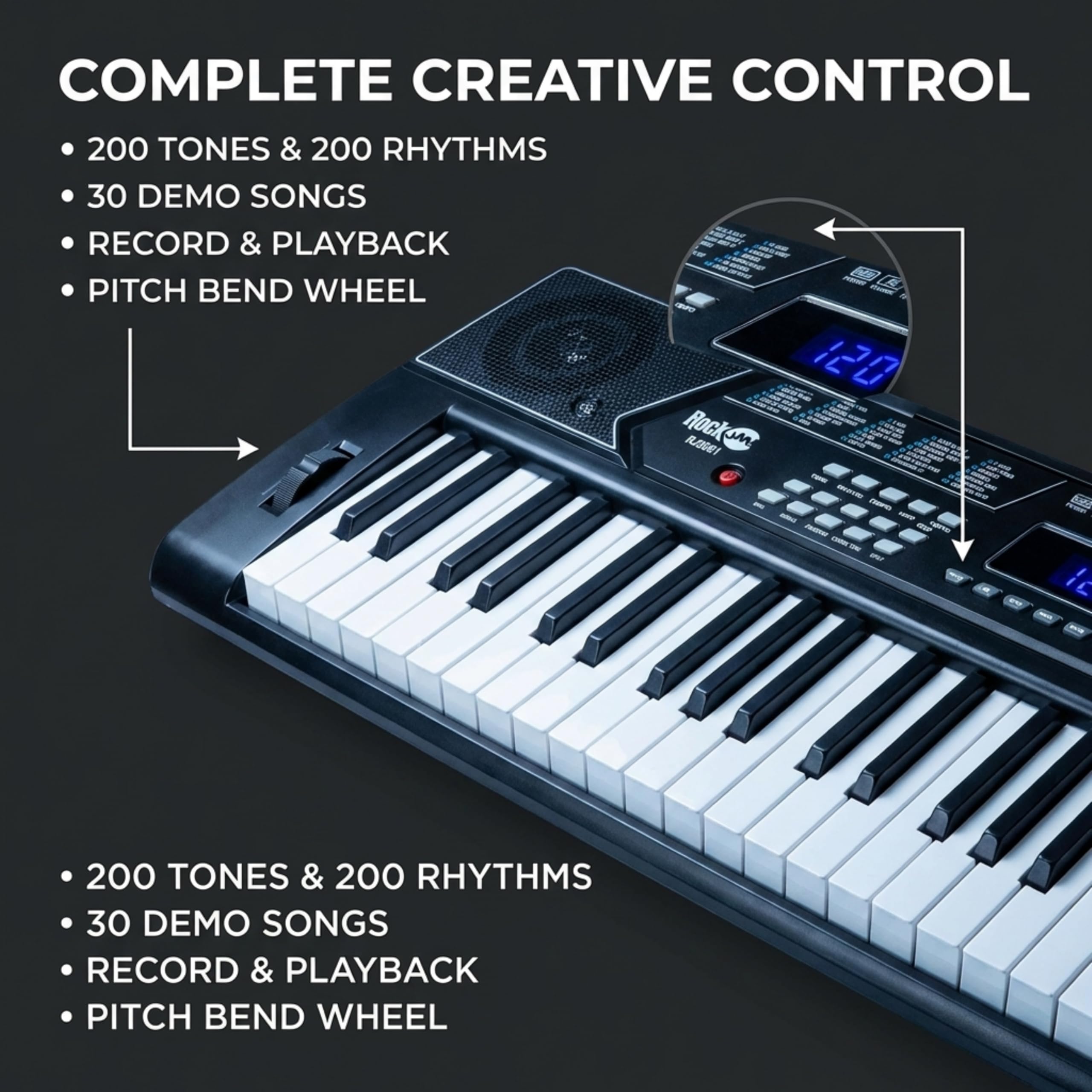 RockJam 61 Key Keyboard Piano Stand With Pitch Bend Kit, Piano Bench, Headphones, Simply Piano App & Keynote Stickers