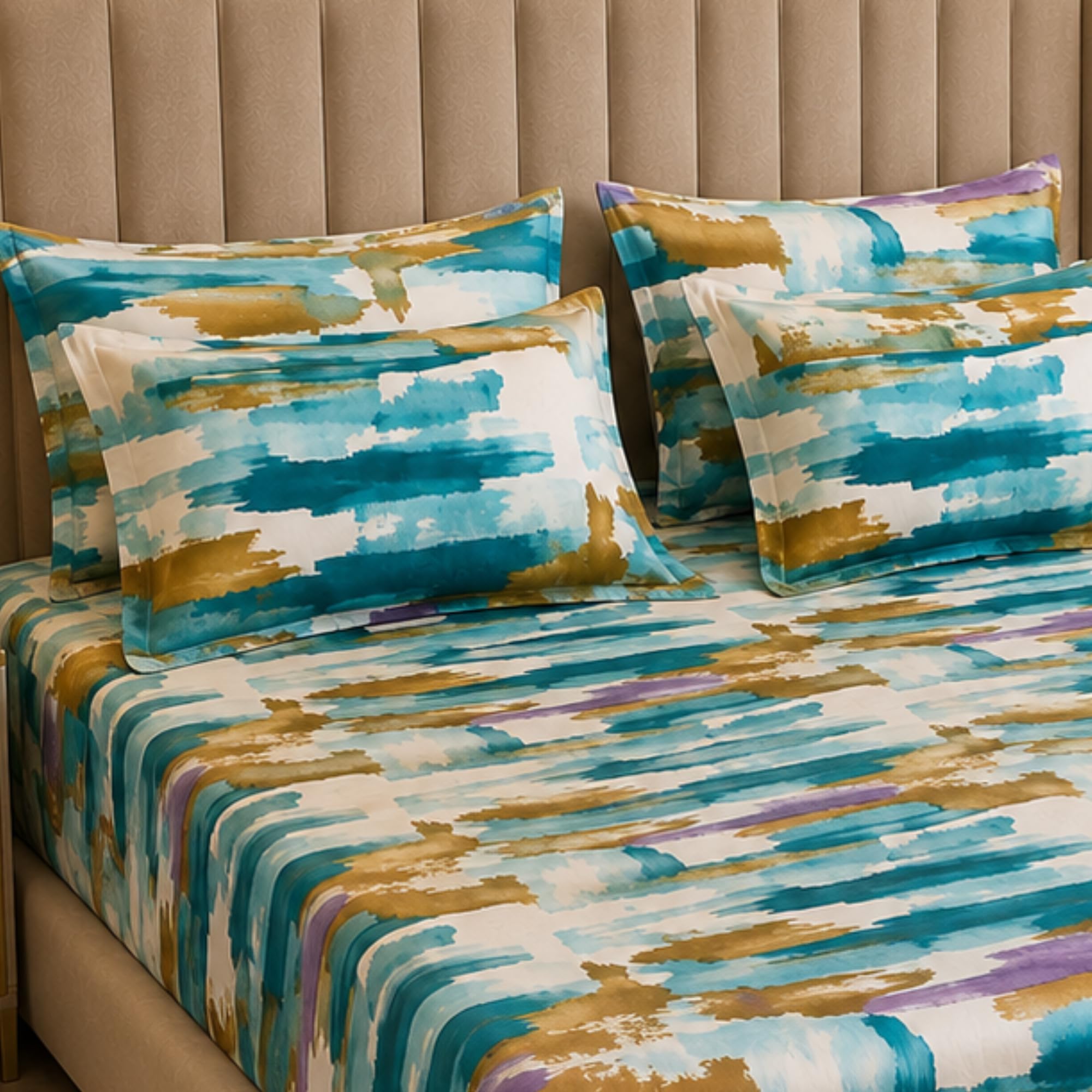 THEA 5Pcs Elastic Double Bedsheet |4 Pillow Covers| 78 X72 X8, Ocean Mist | Fitted Bedsheet | Includes 4 coordinated pillow covers | 100% Cotton Like Soft Fabric| 120 GSM Microfiber-image-14