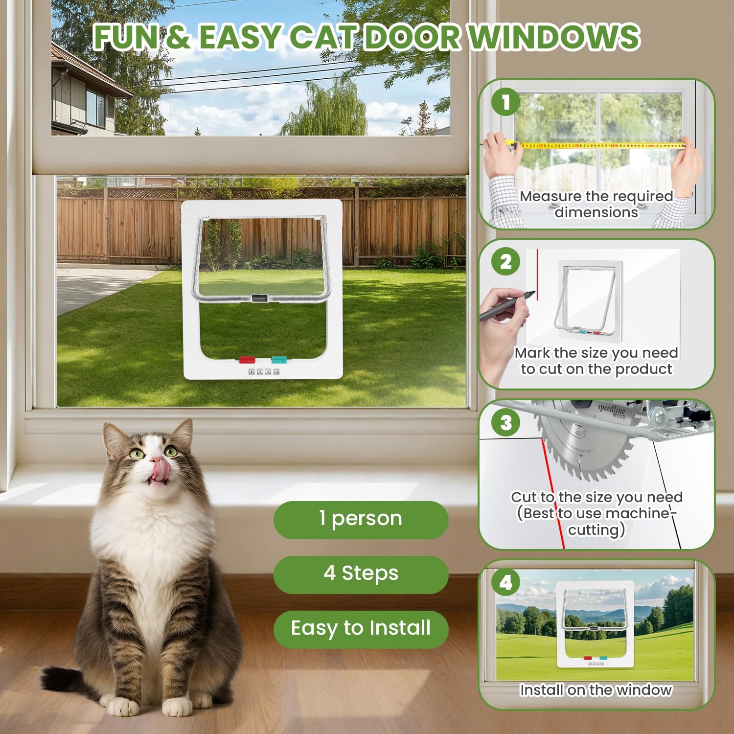Cat Door for Window, 4 Locking Modes for Safety Cat Window Door, Fits 14"-24" Width Window, Durable Weatherproof design Cat Door, Magnetic Closure, Wider View, Pet Door With Safe & Comfortable for Cat