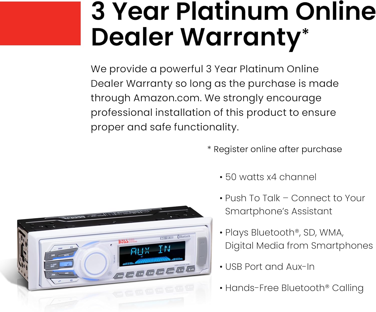 BOSS Audio Systems MR1308UAB Marine Receiver - Weatherproof, Bluetooth Audio, USB, SD, MP3, AM/FM, Aux-in, No CD Player, White, 8.50in. x 8.50in. x 4.00in.