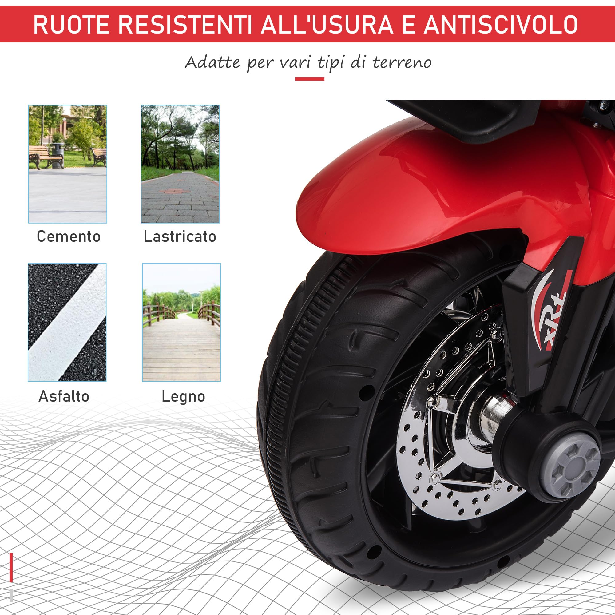 HOMCOM Moto Elettrica per Bambini 3-5 Anni 6V (max. 25kg), Velocità 3km/h, Motorino Elettrica per Bimbi con 3 Ruote, Luci e Suoni, Rosso, 86x42x52cm