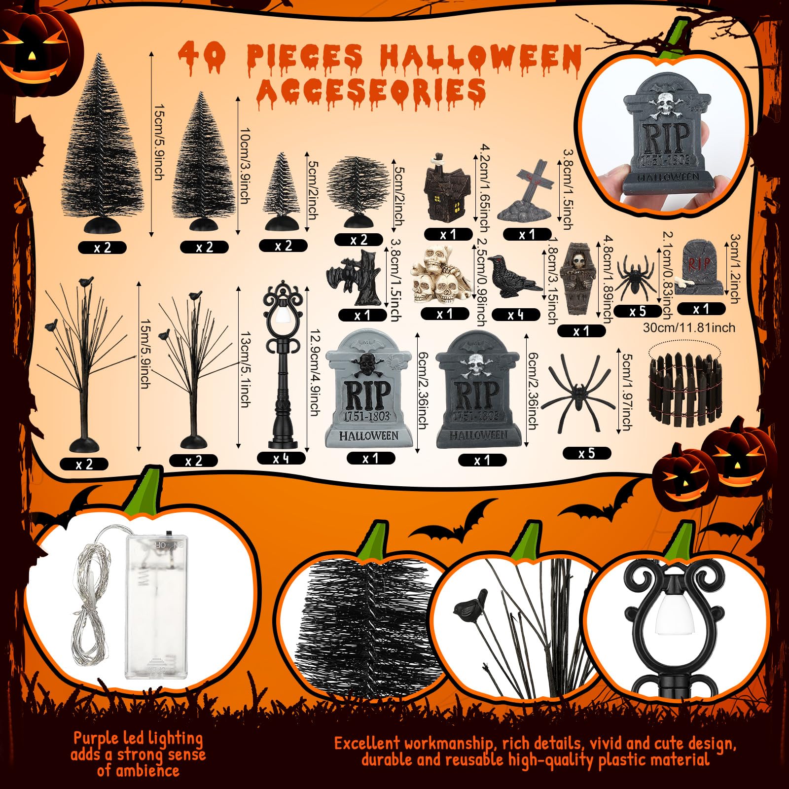 Zeyune Halloween-Dorf-Zubehör-Set, nackte Zweige, Flaschenbürste, Bäume, Halloween-Nacht-Straßenlampen, Figuren-Set mit LED-Lichterkette für Party-Dekoration (Skelett, 33 Stück)