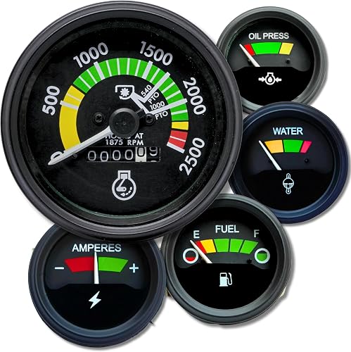 Massey Ferguson Tractor Tachometer Gauge Kit with Black Bezels - Fits Models 265, 285 - Includes Temperature, Oil, Fuel, Amp Gauges - Instrument Panel Cluster by VR Autopedia