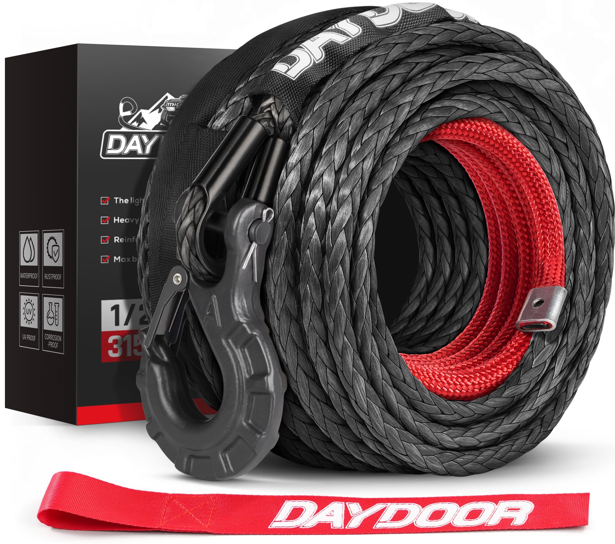 1/2'' x 92ft Synthetic Winch Rope, 31,500 Lbs Winch Rope Cable Kit, Winch Line Replacement with Protective Sleeve and Heavy Duty Forged Winch Hook for 4WD Off Road Truck